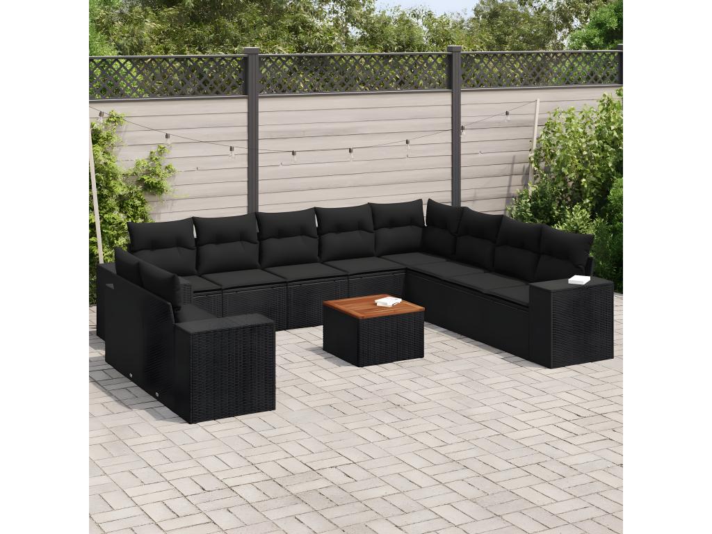 Set de sofás de jardín 11 pzas y cojines ratán sintético negro