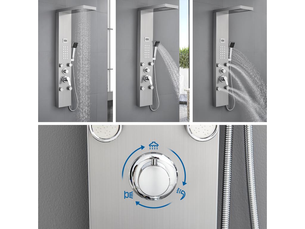 Columna Ducha Hidromasante con LCD Pantalla Pantalla Temperatura, con 4 Jets Masaje+60cm Toallero Baño Autoadhesivo/Perforación de Inox