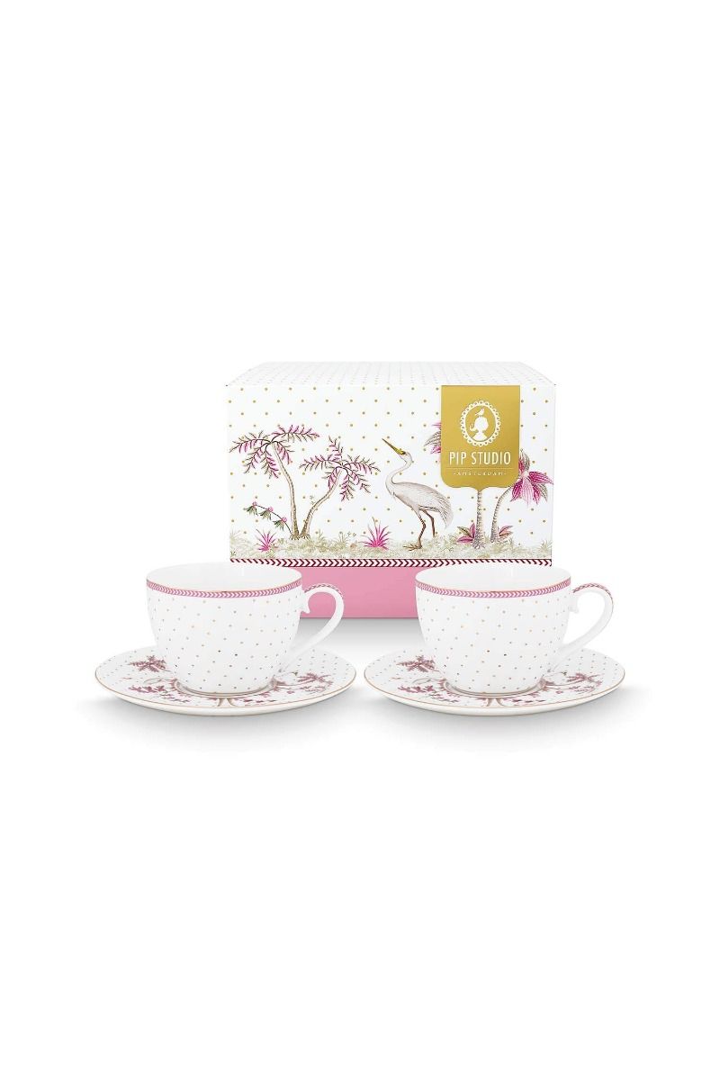 Set/2 Cups & Saucers Jolie Dots Gold Pink