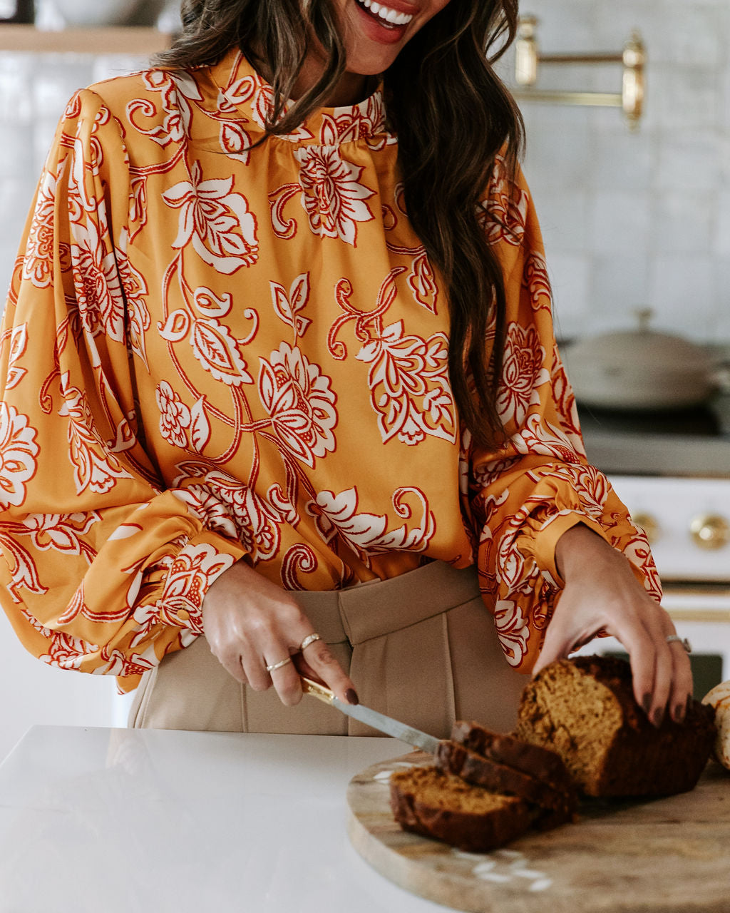 Golden November Floral Padded Shoulder Top - Mustard - Se7enfashion