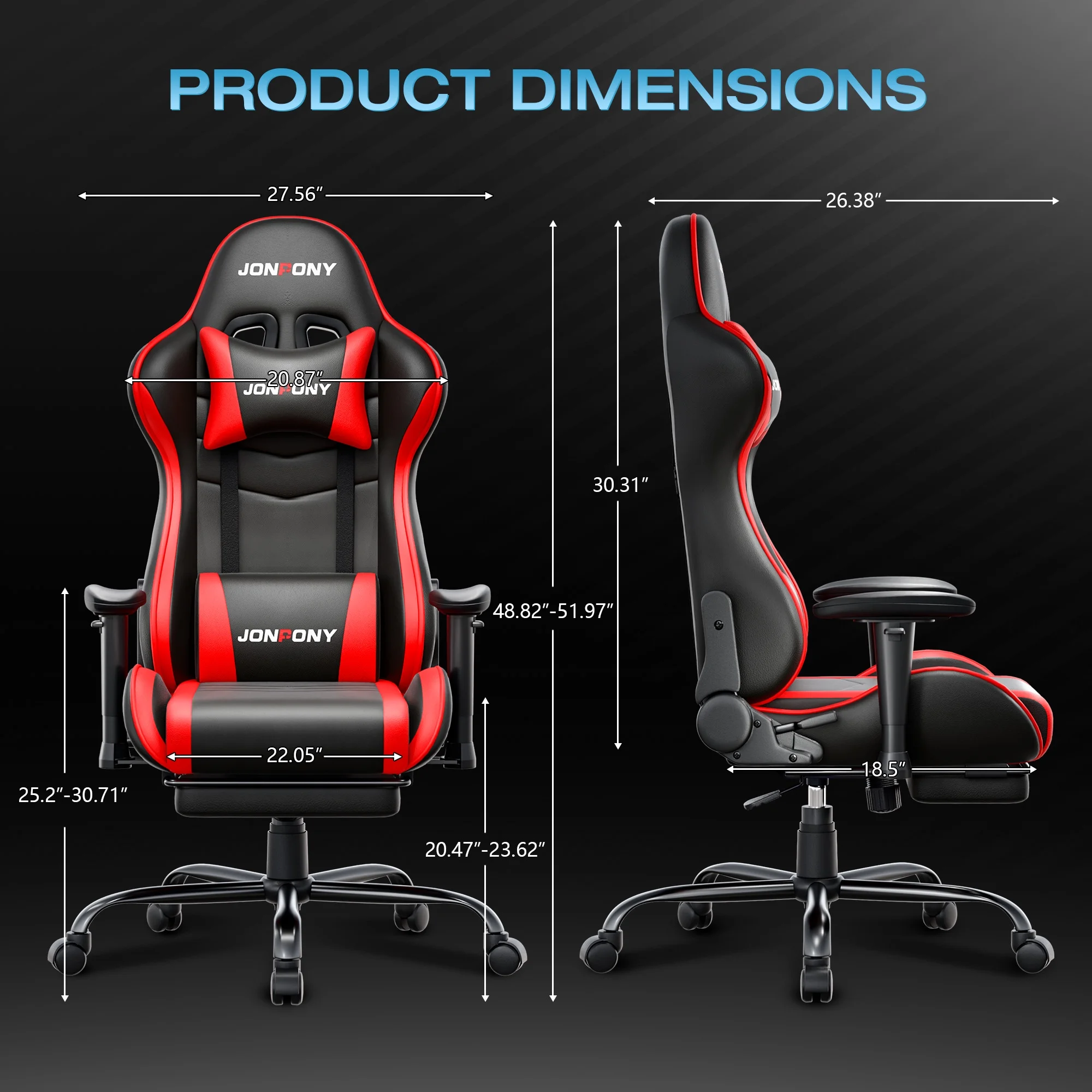 JONPONY Big and Tall 500LBS Gaming Chair, Ergonomic Design, Gamer Chair PU Leather with Footrest and Lumbar Support, High Back Office Chair Support 8 Hours Long Sitting, Computer Chair,Red - Image 2