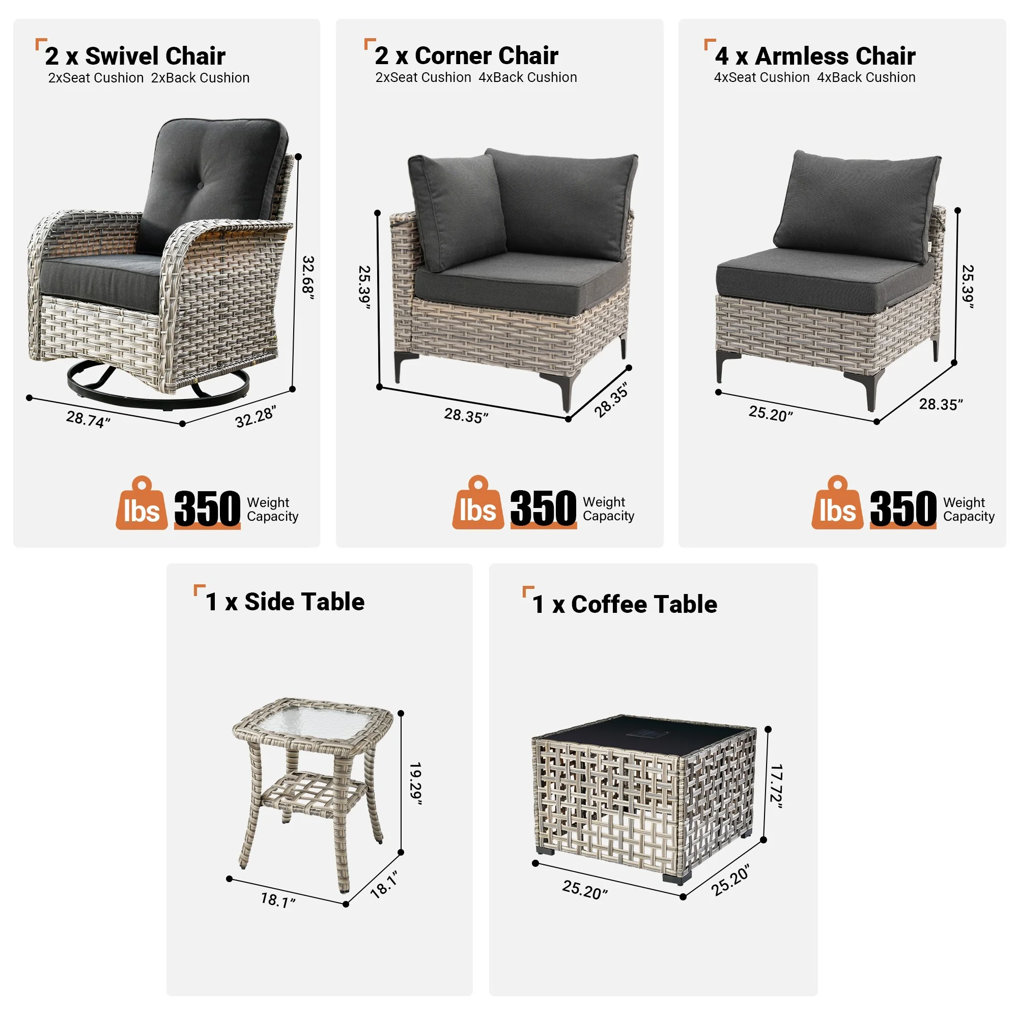 Vcatnet Outdoor Patio Furniture Sets 10 Pieces Sectional Sofa Wicker Conversation Set with Swivel Glider Chairs and Solar Powered Coffee Table for Porch,Backyard,Gray - Image 48