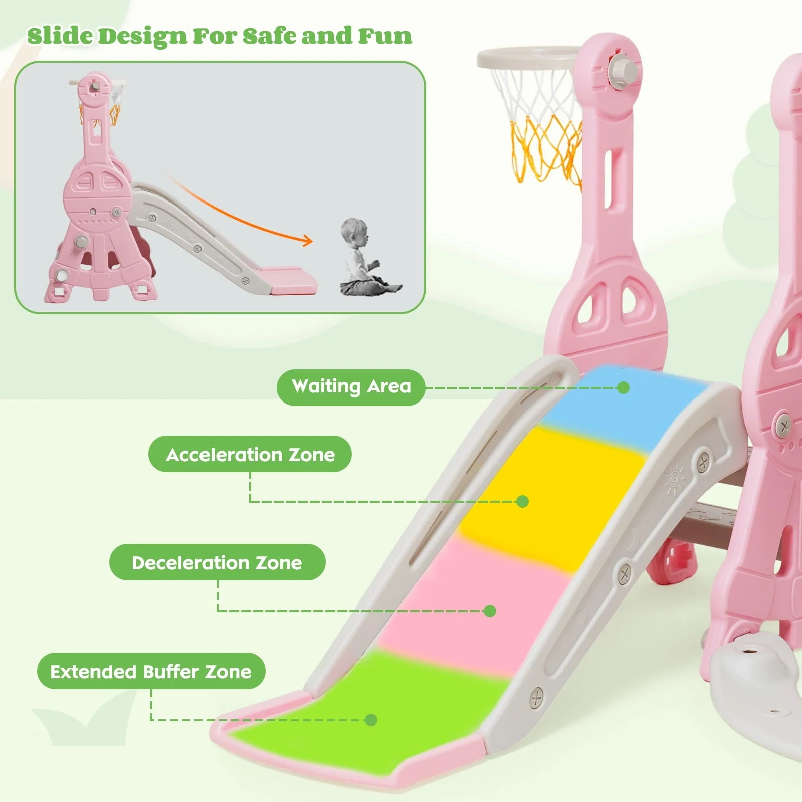 Ealing 4 in 1 Slide and Swing Set for Toddler Indoor and Outdoor Baby Slide Climber Playset with Basketball Hoop & Backyard Playground Swing Slide for Boys and Girl Slide length: 11.02' L Pink - Image 4