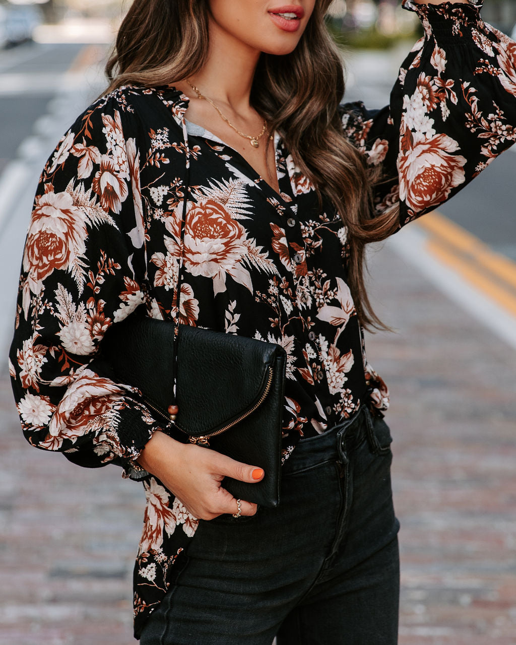 Crisp Fall Bloom Front Tie Button Down Top - Se7enfashion