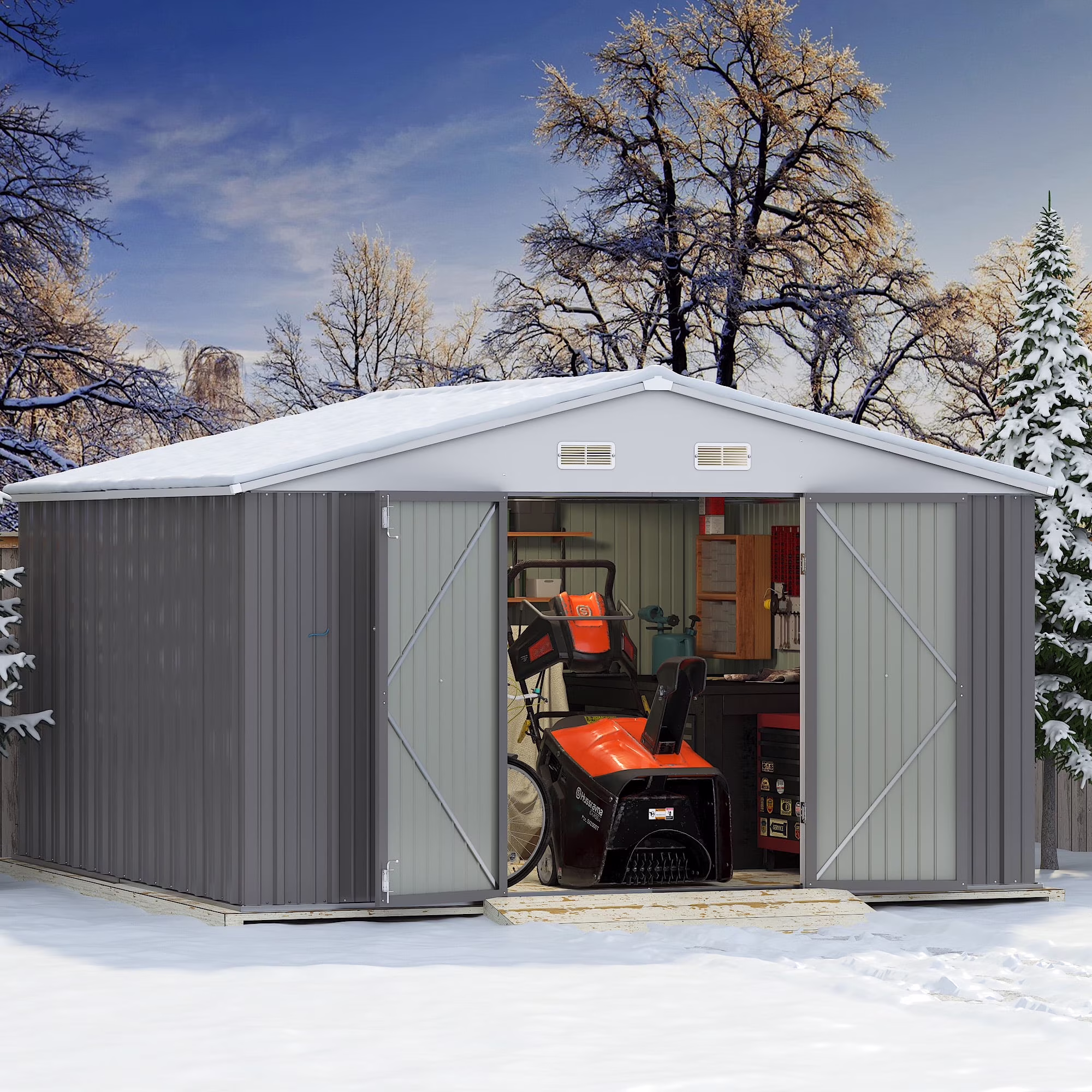 Devoko 10x8 Ft Metal Storage Shed, Lockable Steel Garden Shed for Patio Backyard Outdoor Tools, Brown - Image 4