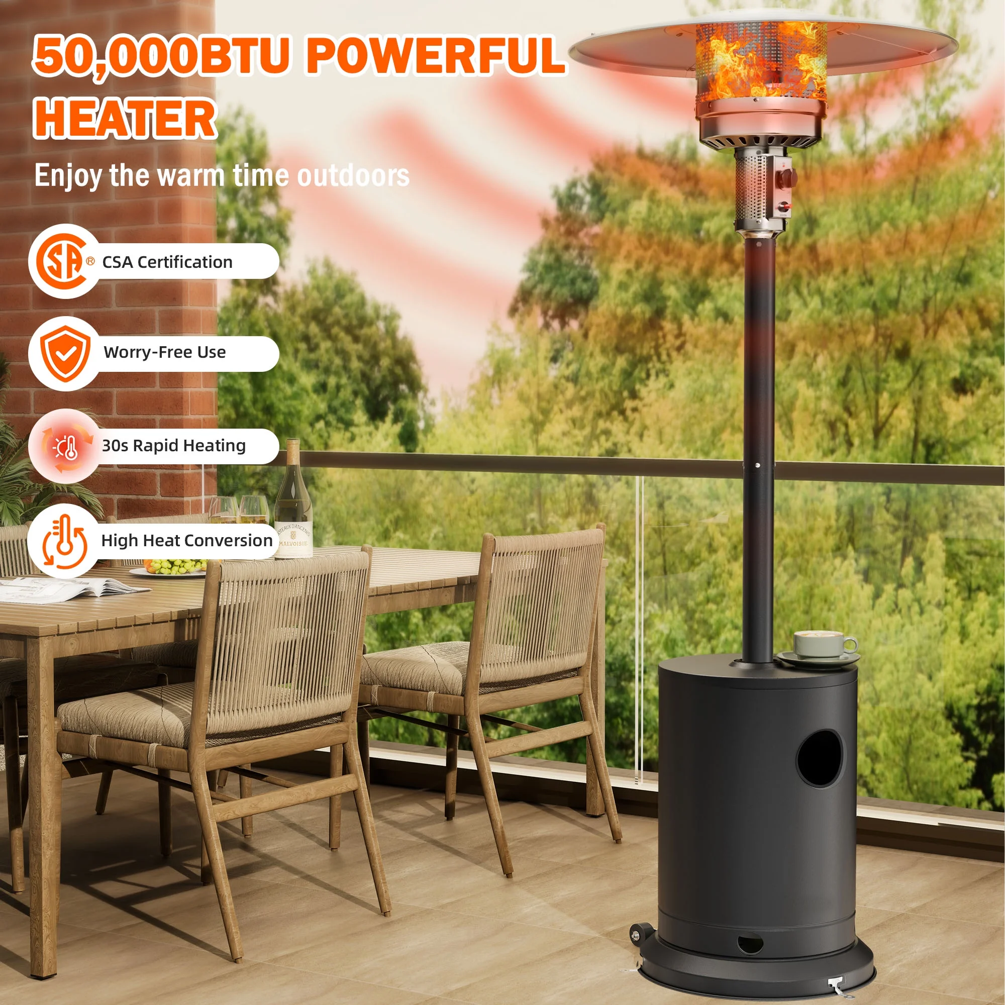 Patio Heater for Outdoor Use, 50,000BTU Propane Heater with Wheels and Adjustable Thermostat, Heavy Duty Stainless Steel Patio Heater, Freestanding Heater for Backyard, Deck, Garden, Silver - Image 12