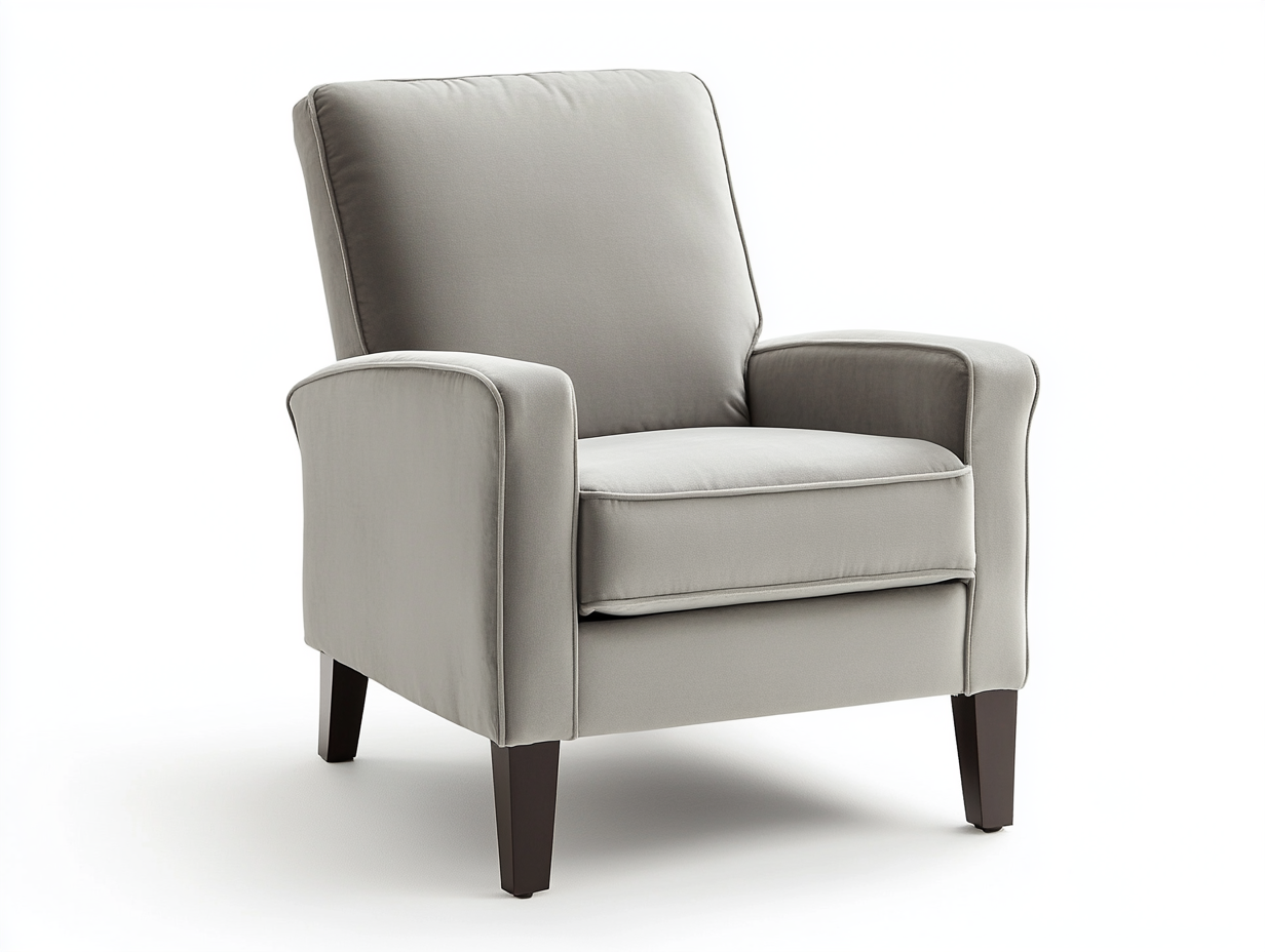 Sillón reclinable tapizado en tela gris claro – respaldo bajo ajustable – patas de madera oscura – diseño clásico moderno para interiores