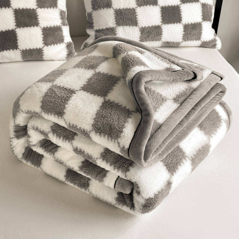 Double Layer Flannel Blanket Checkered Print Thick Warm for Hotel Home