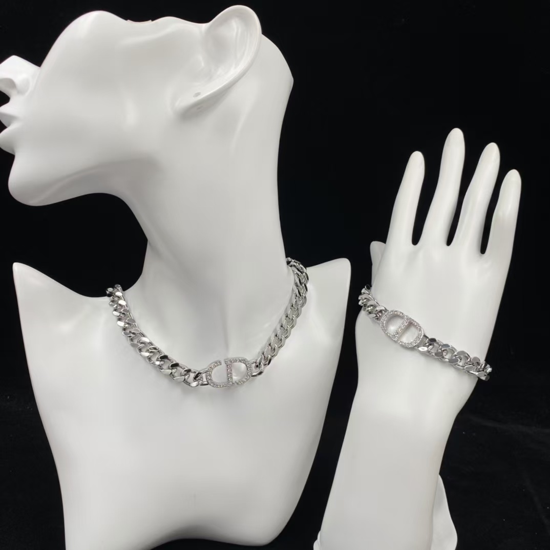 Dior Chunky Silver Cuban Chain CD Necklace Bracelet - Original Replica Club