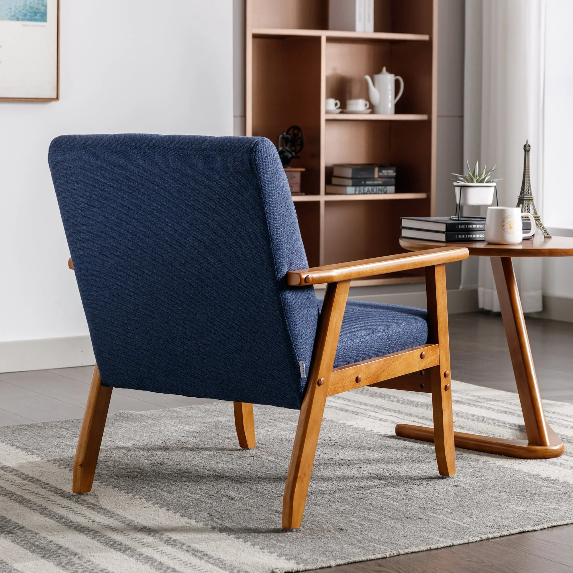 Ufurpie Mid Century Modern Armchair with Wood Frame,Linen Fabric Comfy Reading Chair,Accent Chair for Living Room Bedroom,Navy - Image 10