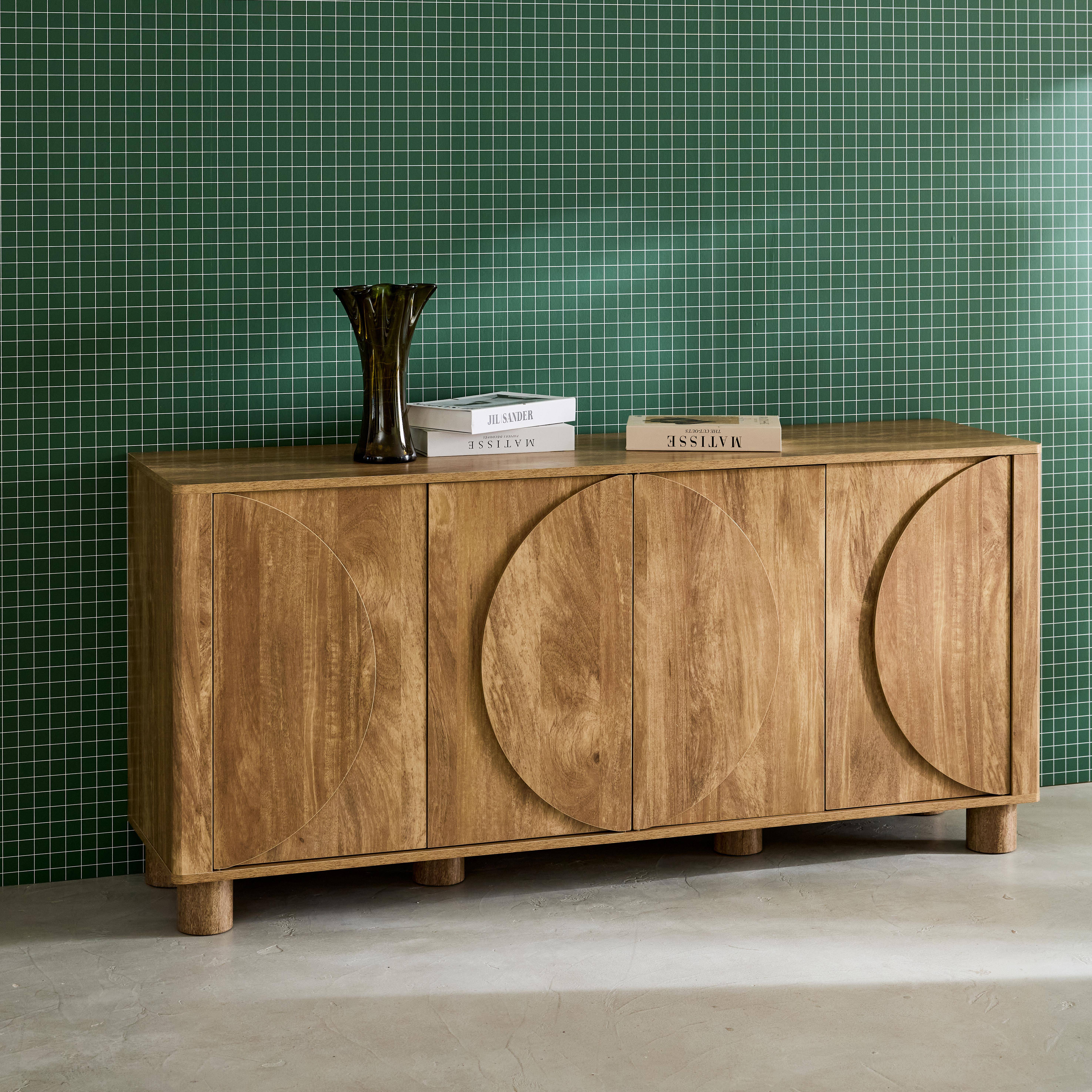 Pondi - Aparador exótico efecto madera con 4 puertas, 155cm