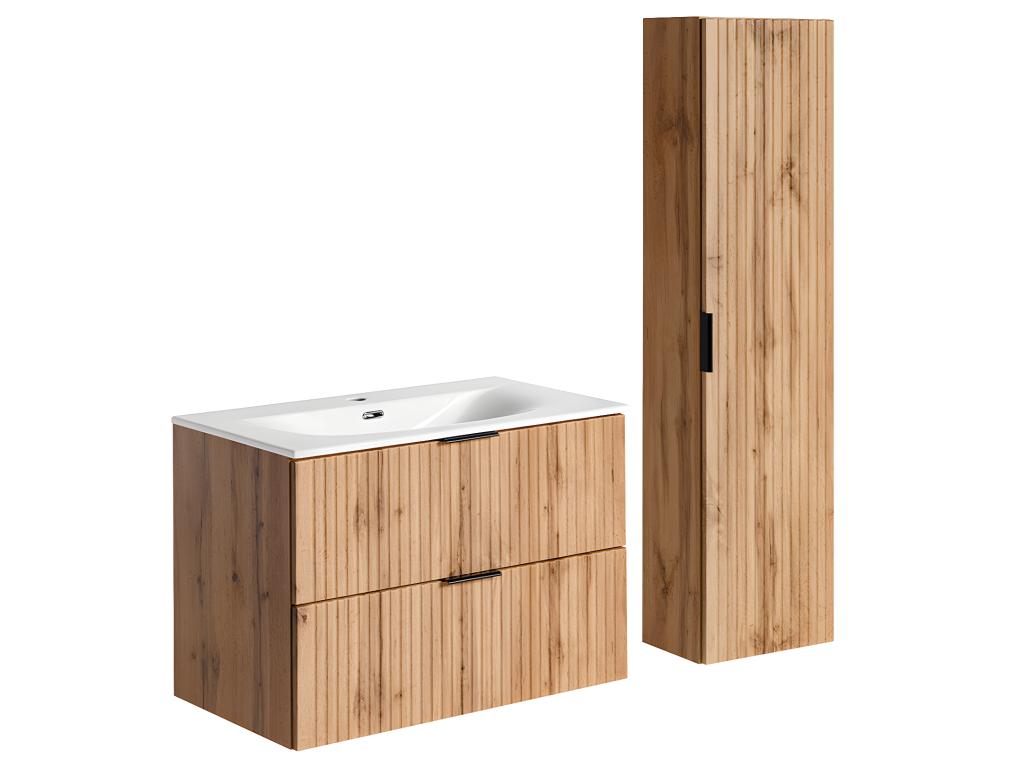 Conjunto mueble lavabo individual encastrado 80 cm y columna Adriel Madera