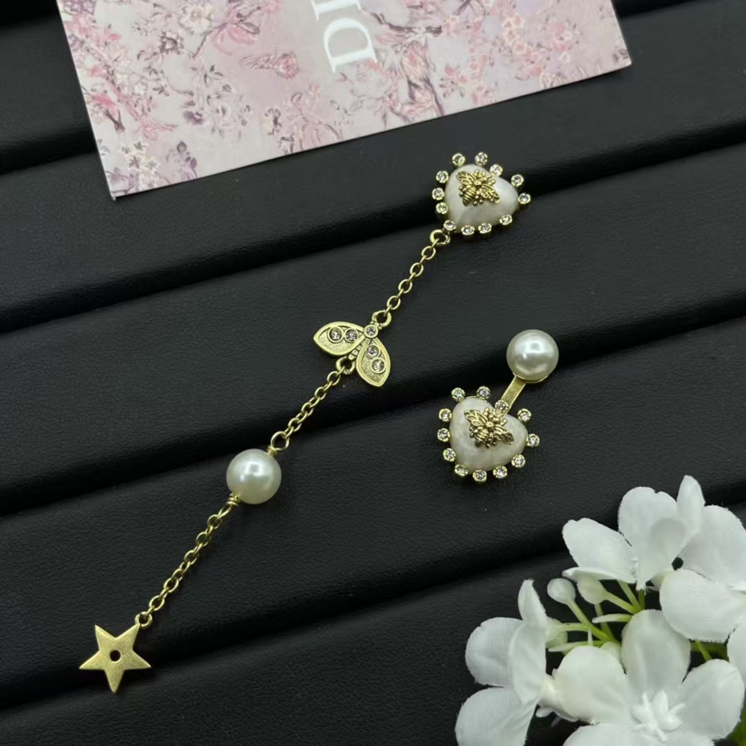Dior Asymmetric Bee Heart Stud Long Drop Star Earrings - Original Replica Club
