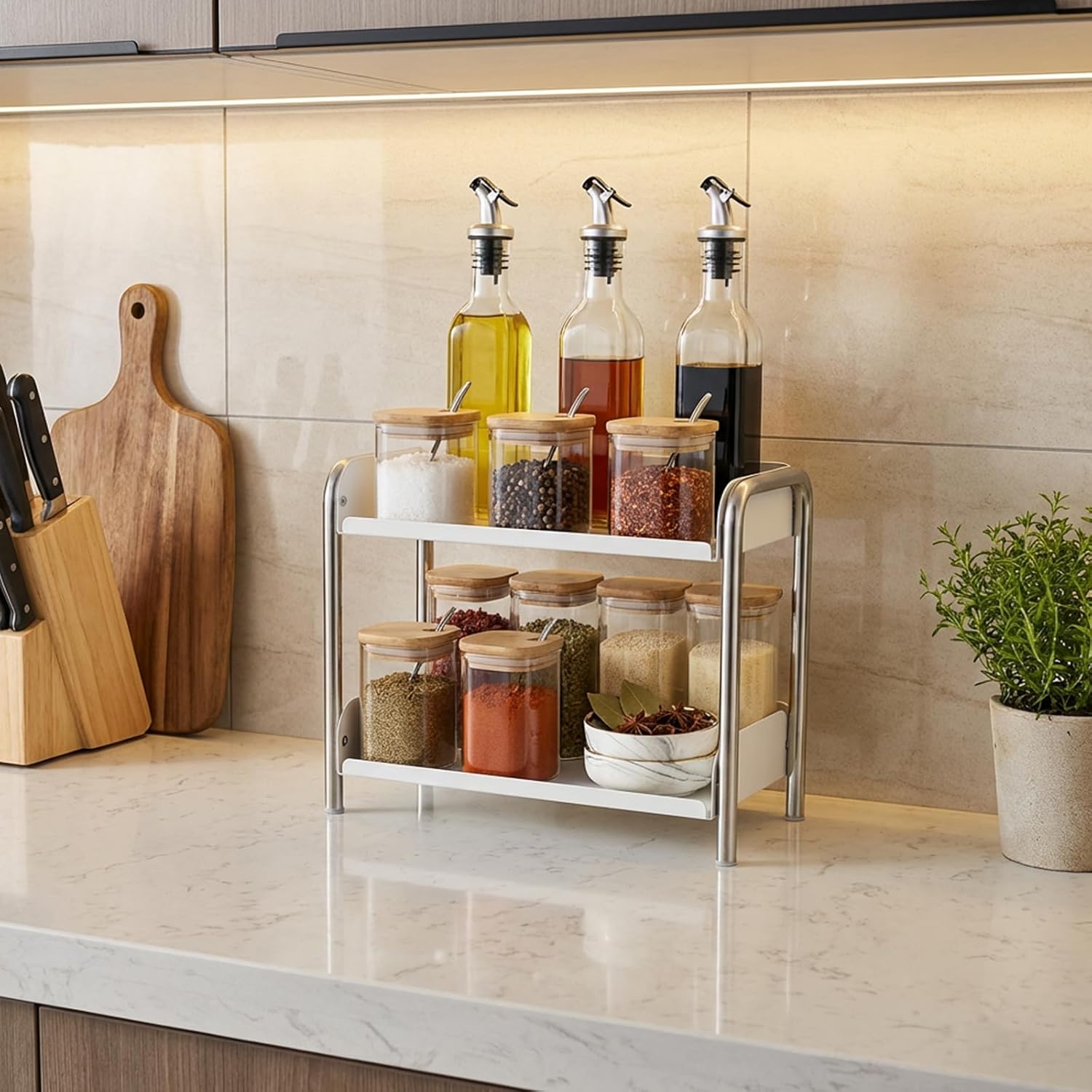 MOZIMABOX Cabinet Organizer Shelf, 2 Tier Kitchen Spice Rack Countertop Shelf Organizer, Stainless Steel Kitchen Storage Countertop Storage Shelf Container, (L, White)
