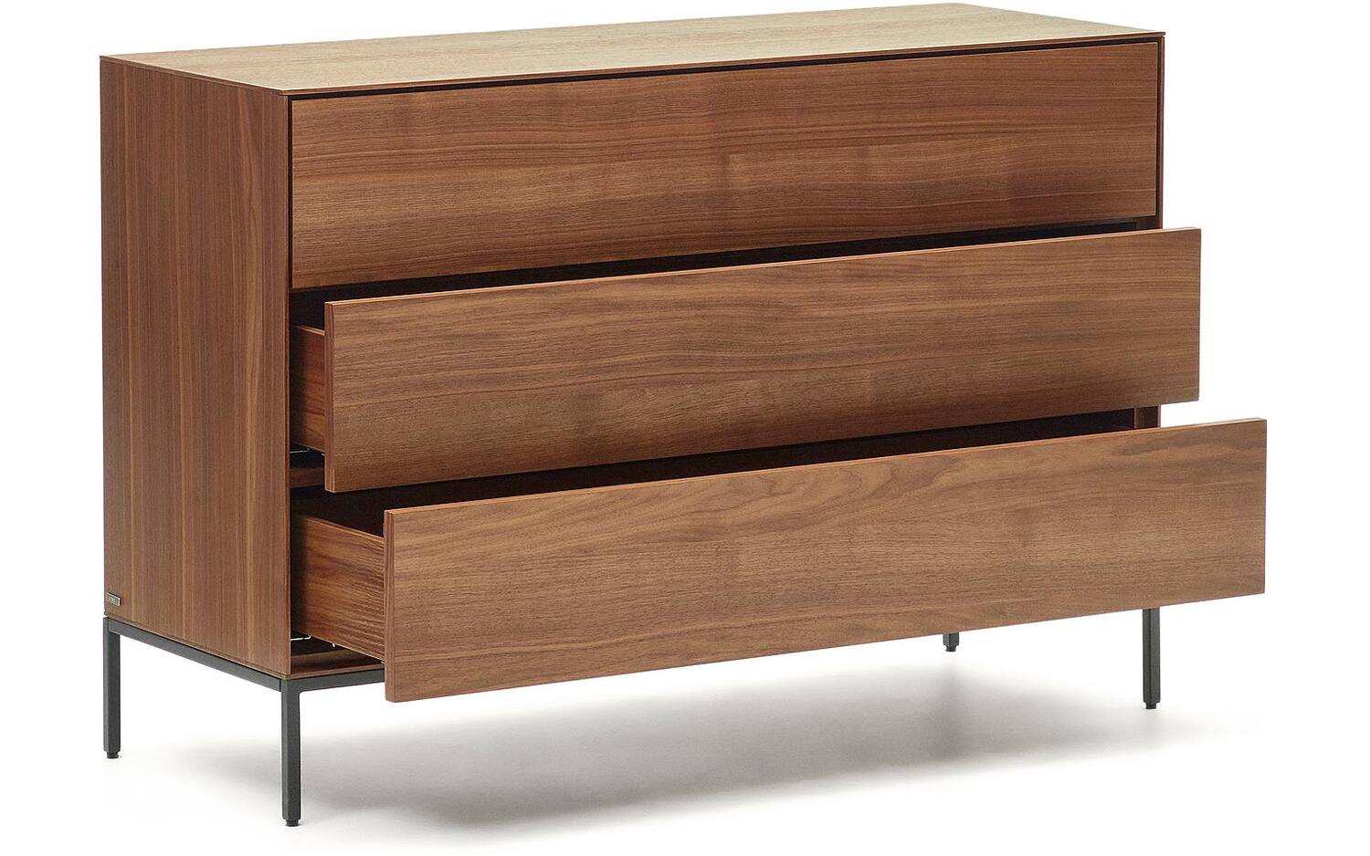 Kave Home - Vedrana ladekast met 3 laden in walnootfineer met zwarte