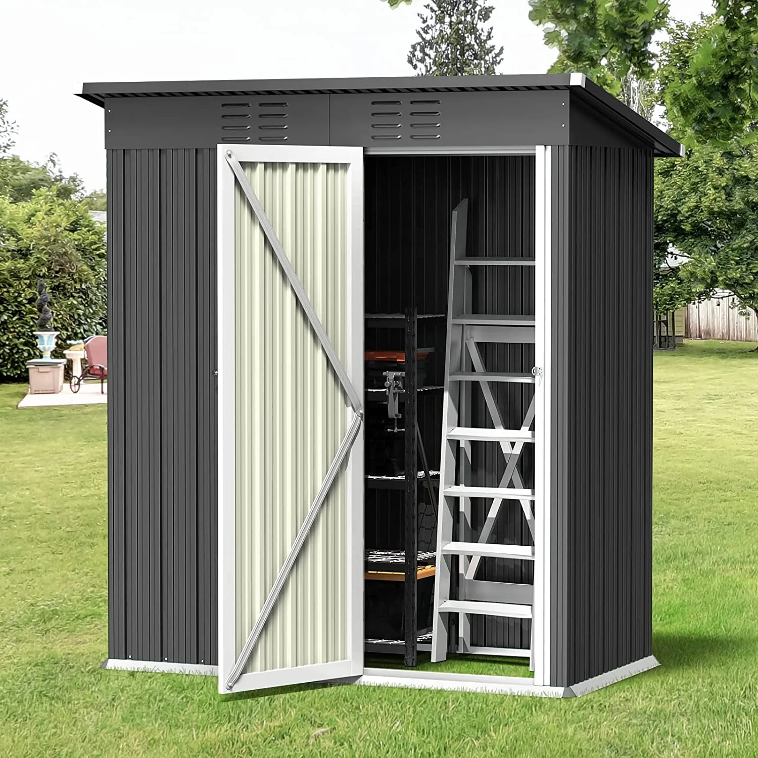 5' x 3' Outdoor Storage Shed, Metal Outdoor Storage Cabinet with Single Lockable Door, Waterproof Tool Shed,Gray - Image 2