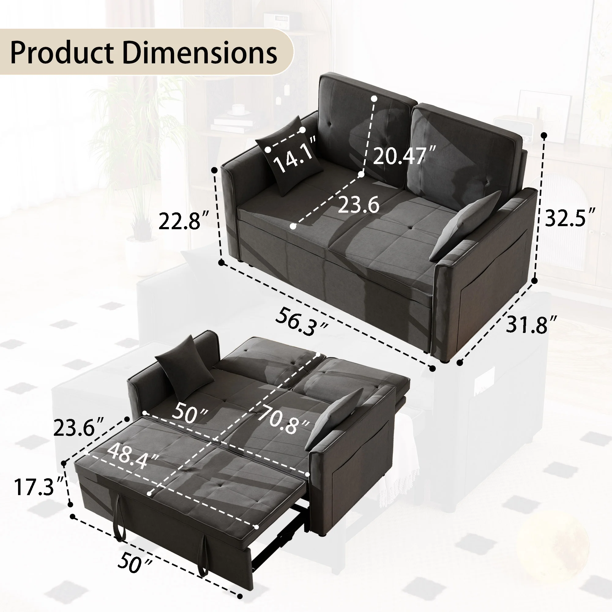 Convertible Sofa Bed,3-in-1 Sleeper Sofa with Pull Out Bed,Sleeper Futon Couch Loveseat with Adjsutable Backrest and Pillows for Living Room,Gray - Image 16