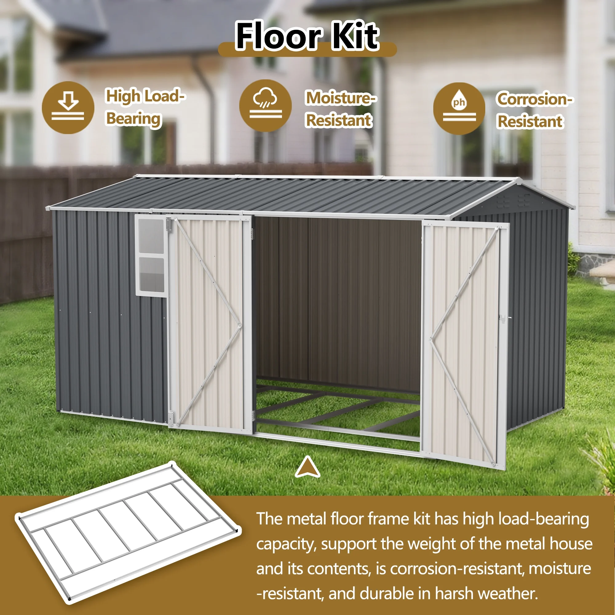 12x8 Ft Outdoor Storage Shed with Floor Frame, Metal Garden Tool Shed with Lockable Doors & Window, Ideal for Backyard Garden Patio Lawn, Grey - Image 4