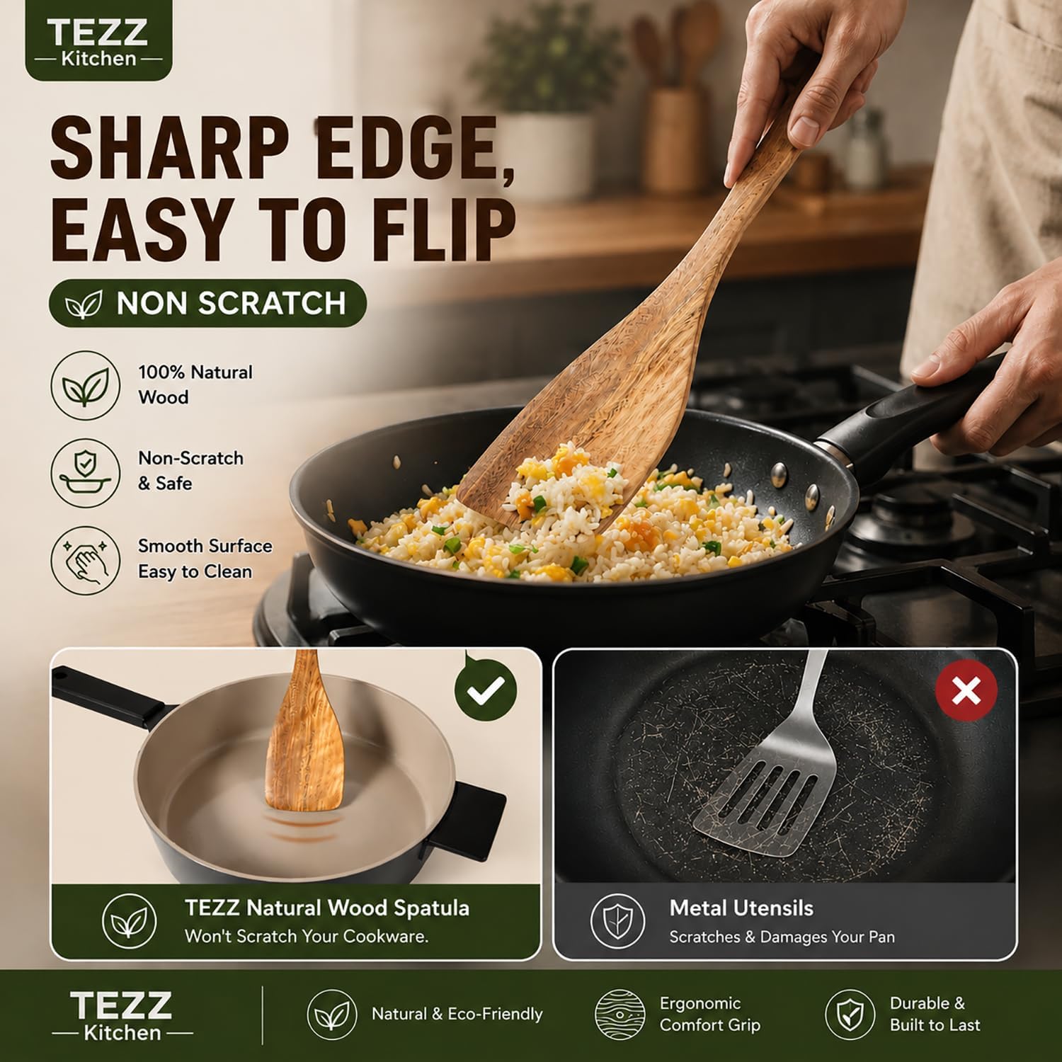 Wooden Spatulas, 2 PCs Natural Acacia Wooden Cooking Utensils Set for Non-stick Pan Kitchen Tool, flipping and Wok Spatula, Wooden Spoons & Spurtle for Cooking