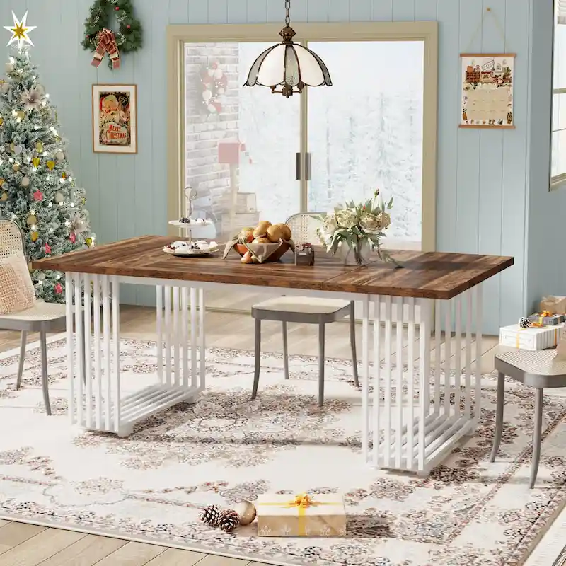 Modern Dining Table with Rectangular Top and Metal Base for 6 to 8 Seating