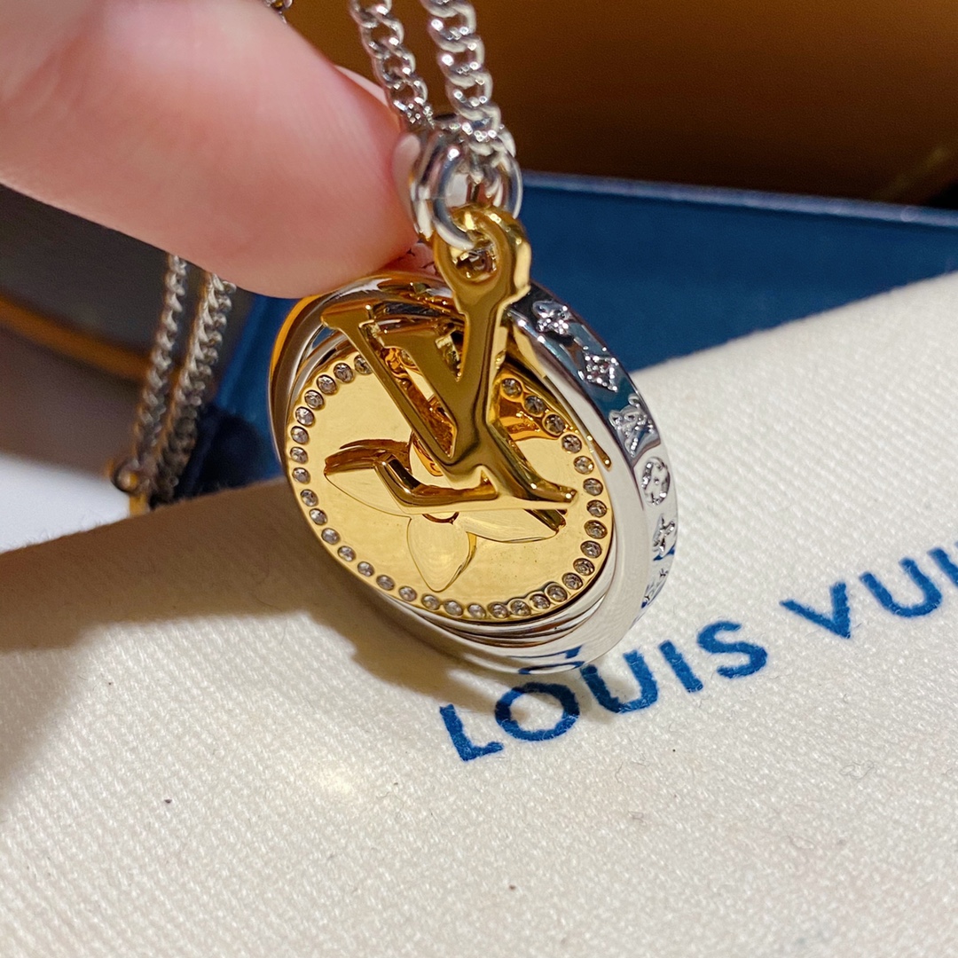 Louis Vuitton Two-Sided Silver Gold Round Rotating Pendant Necklace - Original Replica Club
