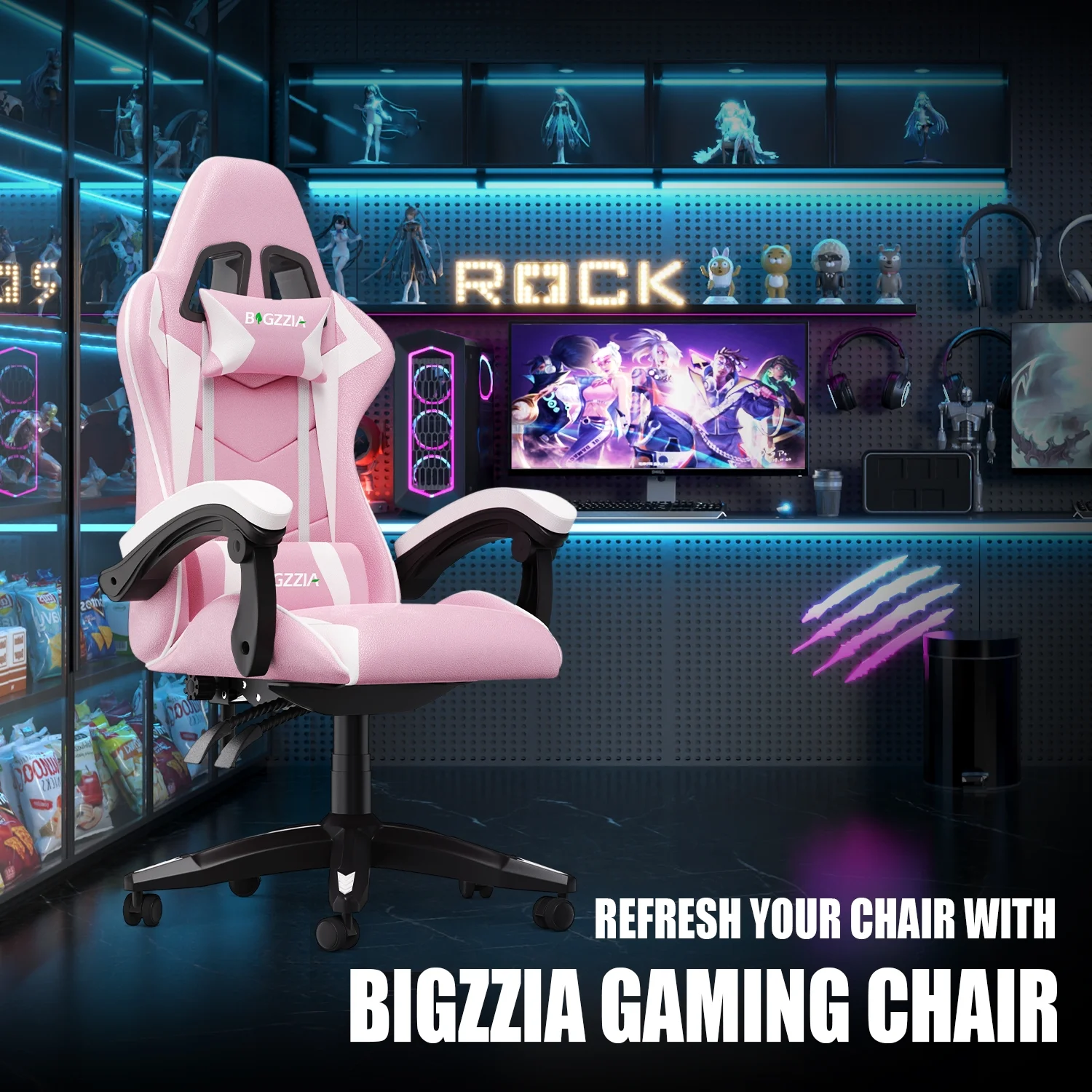 Bigzzia Gaming Chair Office Chair, Ergonomic Game Chair with Height Adjustable Headrest and Lumbar Support for Adults Teens, Black & White - Image 56