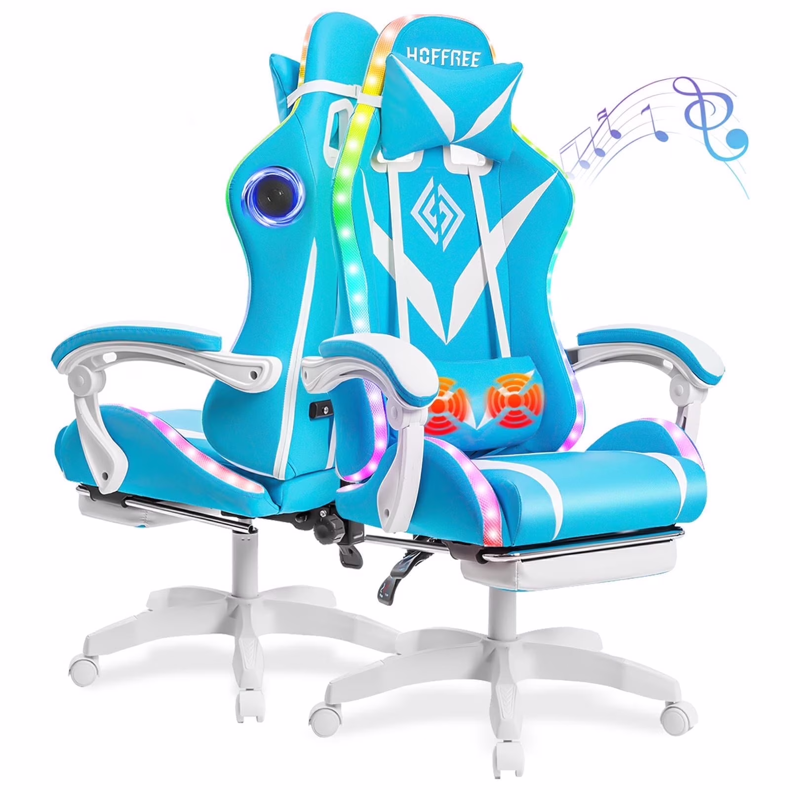 Hoffree Gaming Chair with Speakers PU Leather Office Chair with Footrest and LED Lights Ergonomic Gamer Chair with Massage Lumbar Support and Headrest Adjustable Swivel for Home Office 300lb - Image 5