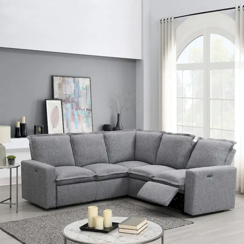 Linen Upholstered Power Recliner L-Shaped Sectional Sofa with USB Port - Soft Home Theater Seating for Living Room