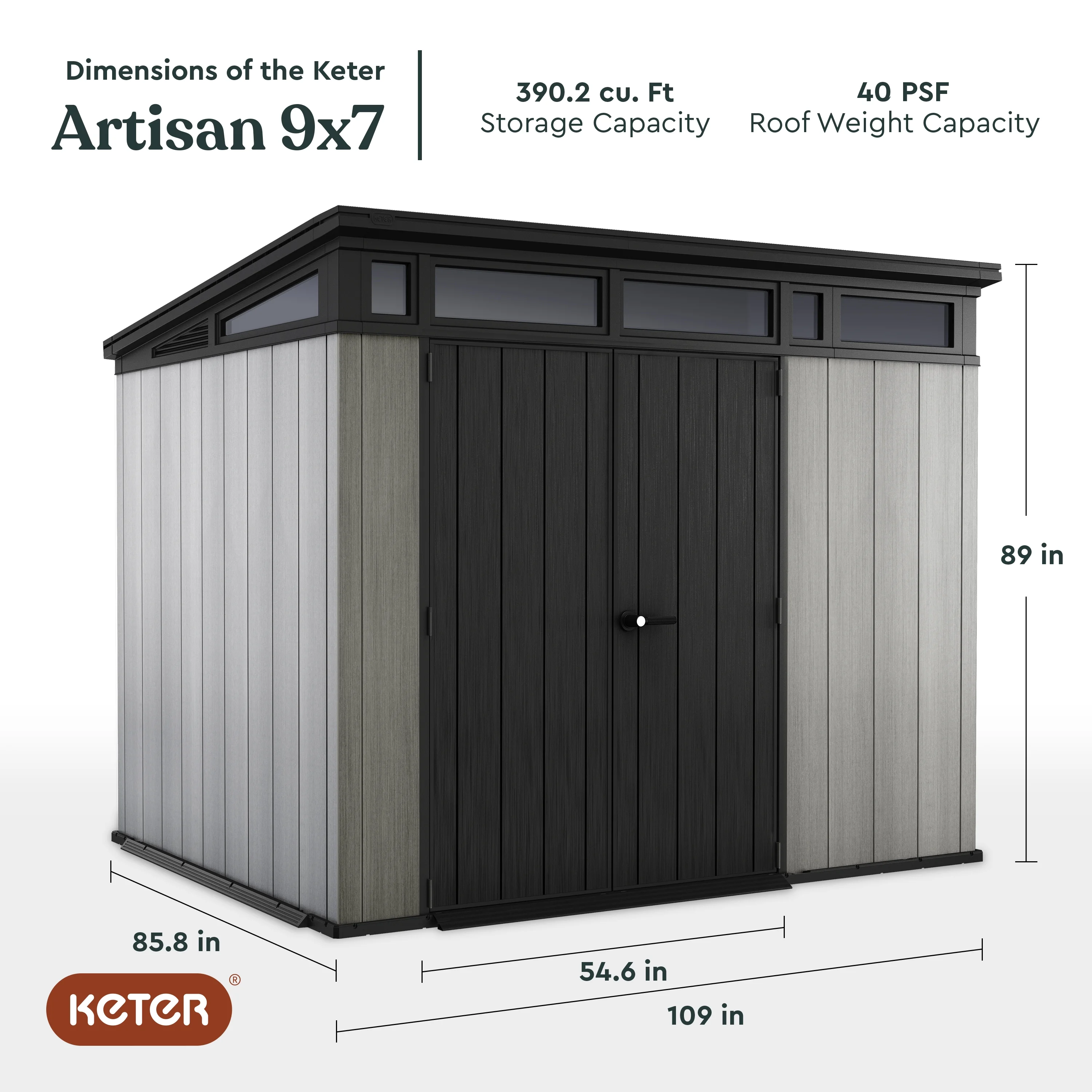 Keter Artisan 9x7 Foot Large Outdoor Shed & Floor w/Modern Design, Grey - Image 9