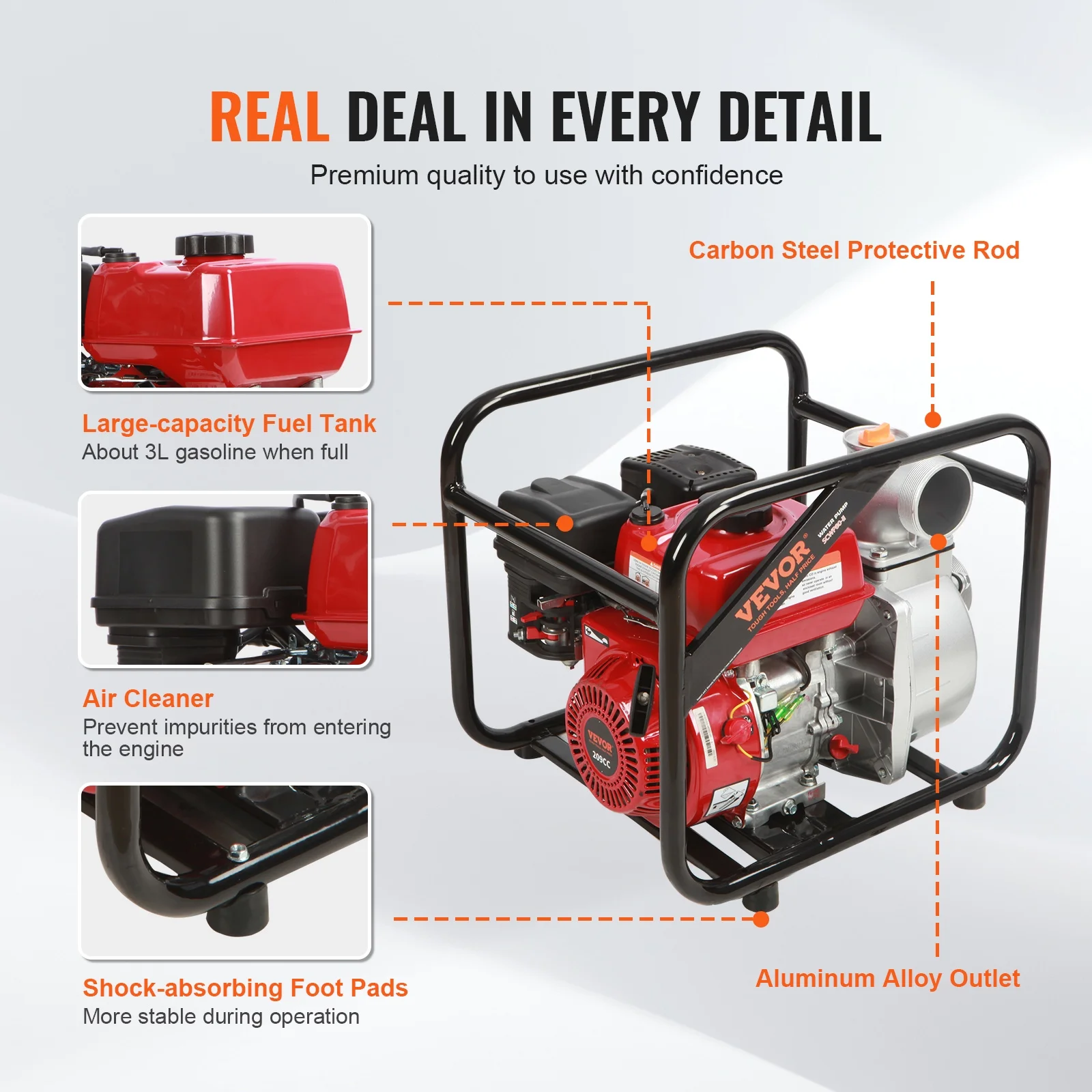 VEVOR Gasoline Engine Water Pump,3-inch, 7HP 265 GPM, 142ft Lift, 22ft Suction,4-Stroke Gas Powered Trash Water Transfer Pump Portable High Pressure with 25ft Hose for Irrigation Pool, EPA Certified - Image 5