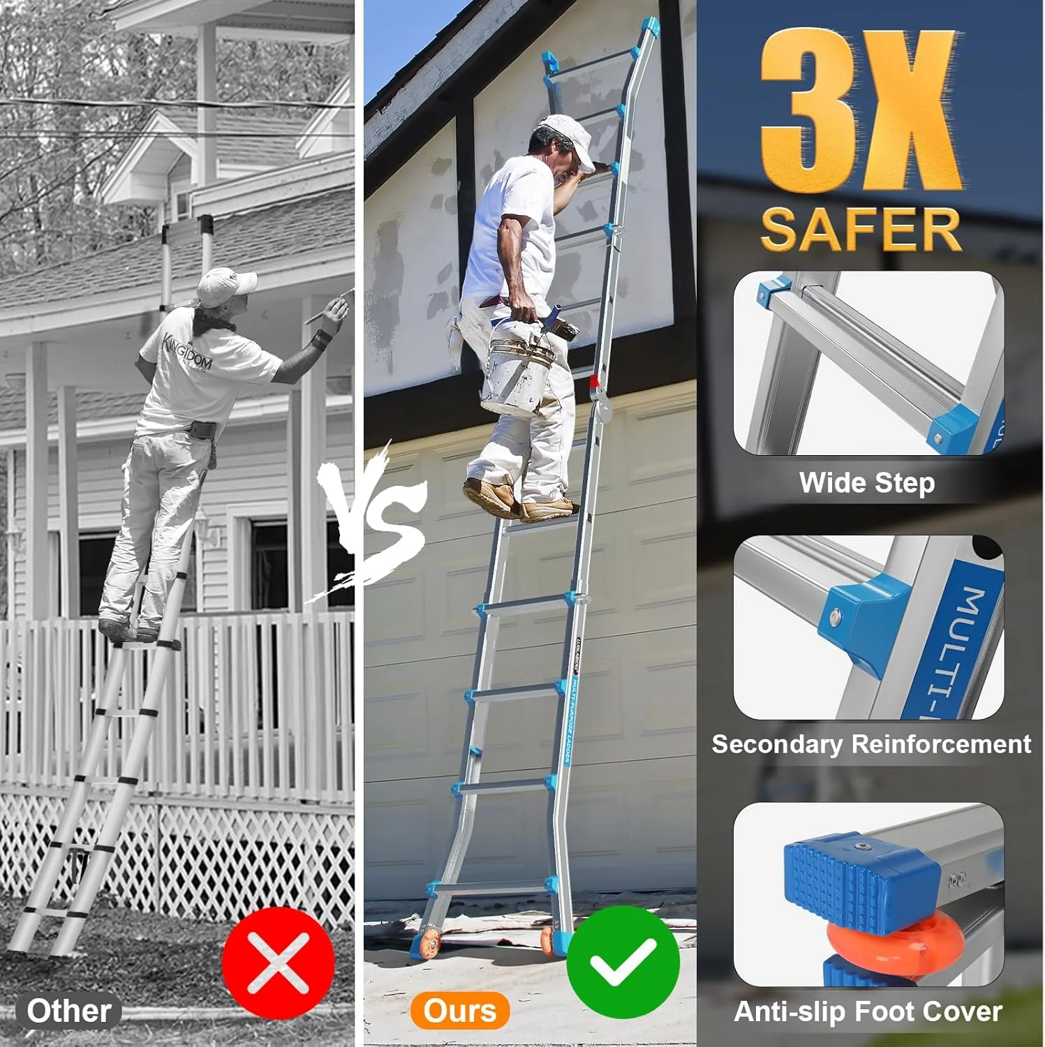 LUISLADDERS Ladder, A Frame 6 Step Ladder Telescoping Ladder, 22 Ft Reach Height Muti Position Folding Ladder Flared Leg & Wheels Design, 330 lbs Capacity Extension Ladder for Household Outdoor Work - Image 21