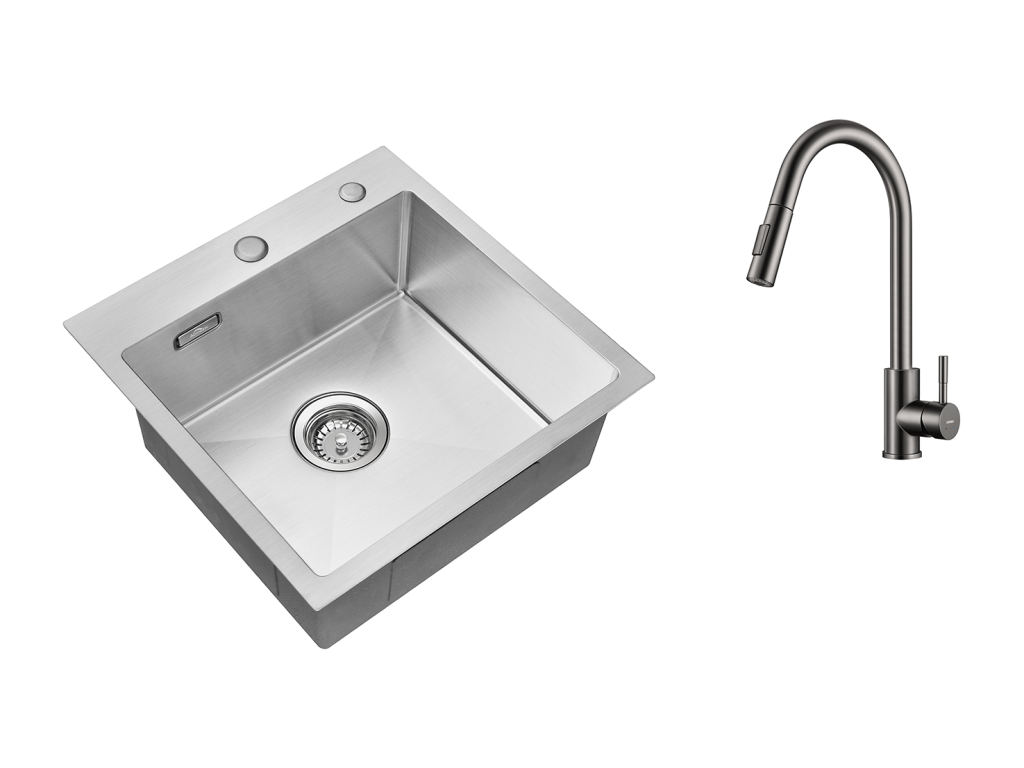 Fregadero Cocina 1 Contenedor 45x45CM Acero Inoxidable 304, empotrado y para colocar+Grifo Cocina Ducha Extragible Gris Oscuro Rotativo 360 °