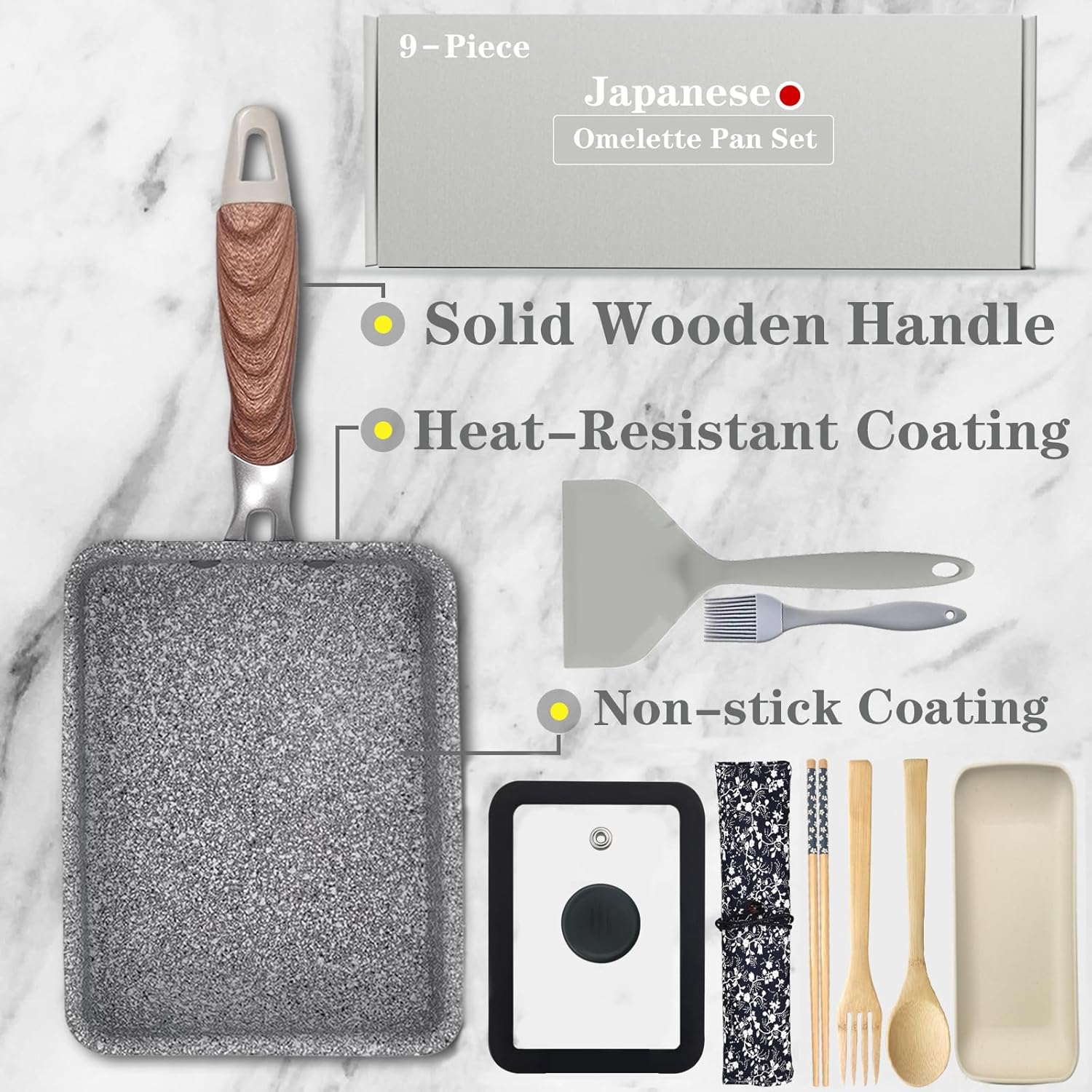 9Pcs Tamagoyaki Pan Set, Japanese Omelette Pan Nonstick with Lid, Square Japanese Egg Skillet Rectangle 7