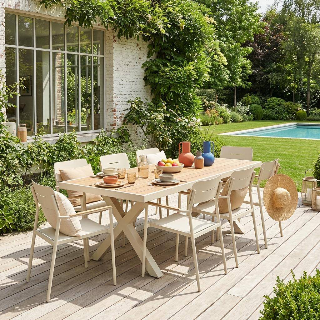 Elina + Fira - Conjunto mesa de jardín de aluminio con 8 sillas
