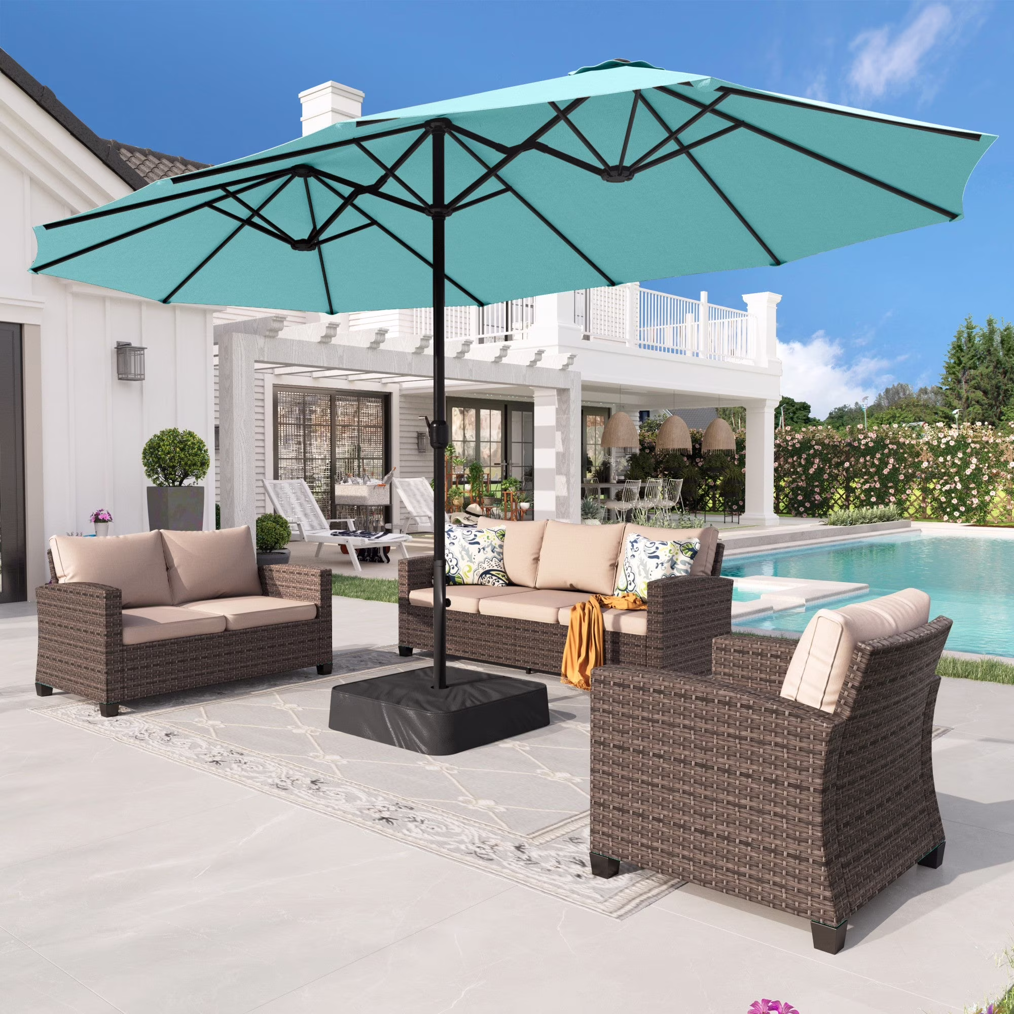 Alpha Joy 15ft Outdoor Patio Umbrella Extra-Large Double-Sided Garden Umbrella with Crank Handle and Base - Smoky Gray - Image 7