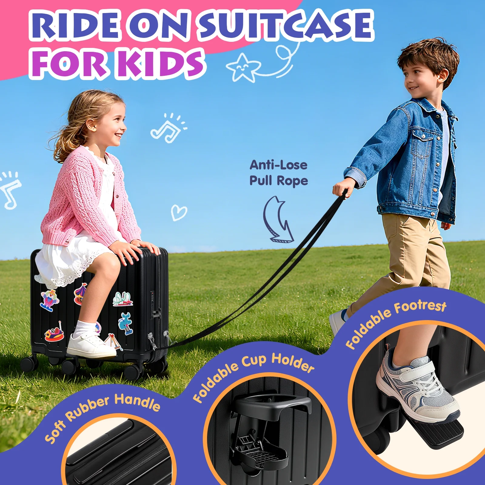 Advwin Ride-On Kids Luggage with Pull Strap, Footrests, Cup Holder, 6 Wheels & Adjustable Handle, 18-Inch Spinner Suitcase with Stickers & Boarding Pass, Pink - Image 20