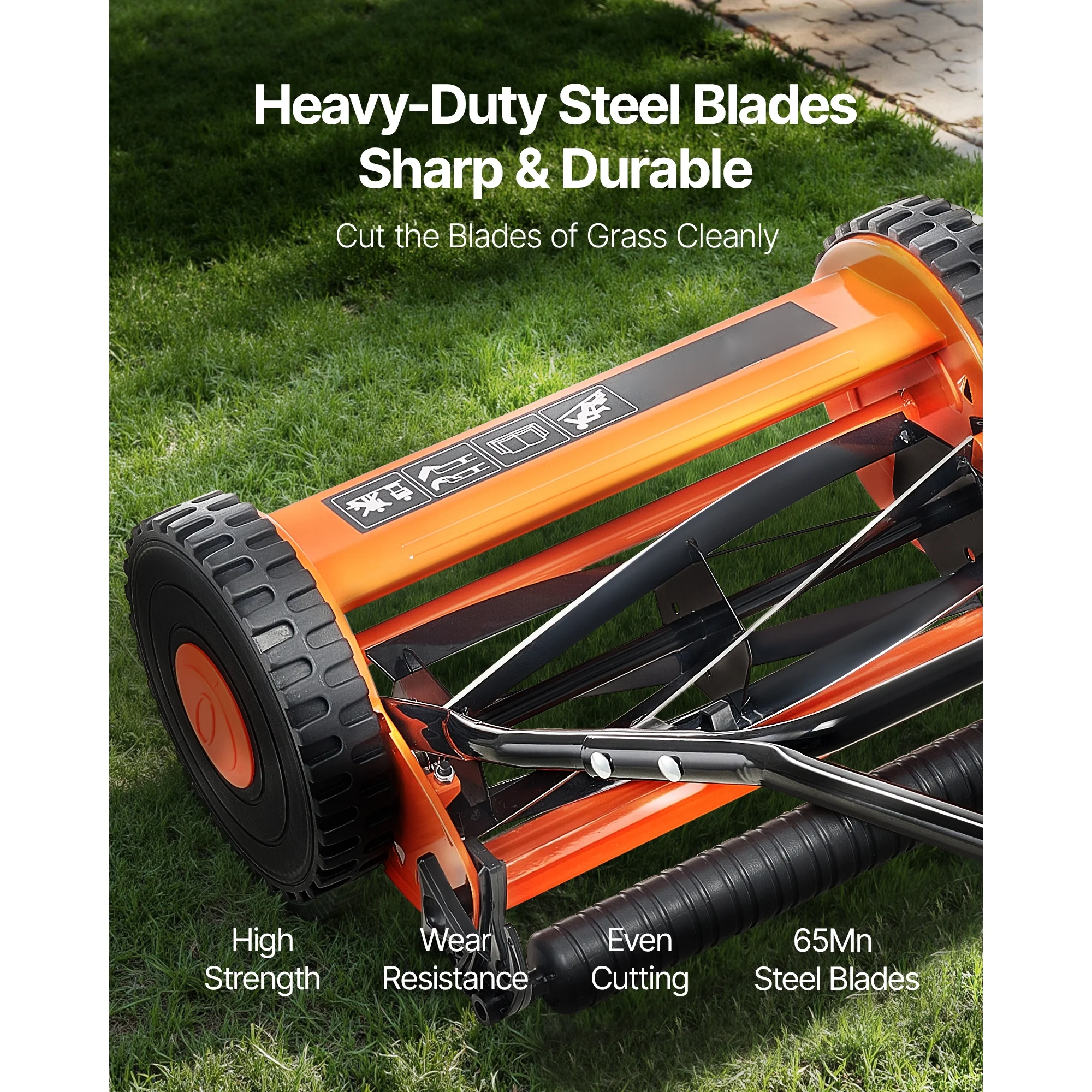 KFFKFF 16-Inch Manual Push Reel Lawn Mower, 5-Blade Design, Adjustable Cutting Height from 0.6 to 1.75 Inches, Walk-Behind Mower with Grass Collection Bag for Lawns, Driveways, and Courtyards - Image 2