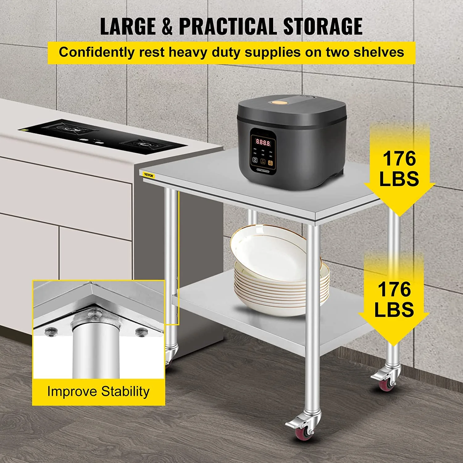 VEVOR Stainless Steel Work Table 36 x 24 inch with 4 Wheels Commercial Food Prep Worktable with Casters Heavy Duty Work Table for Commercial Kitchen Restaurant - Image 6