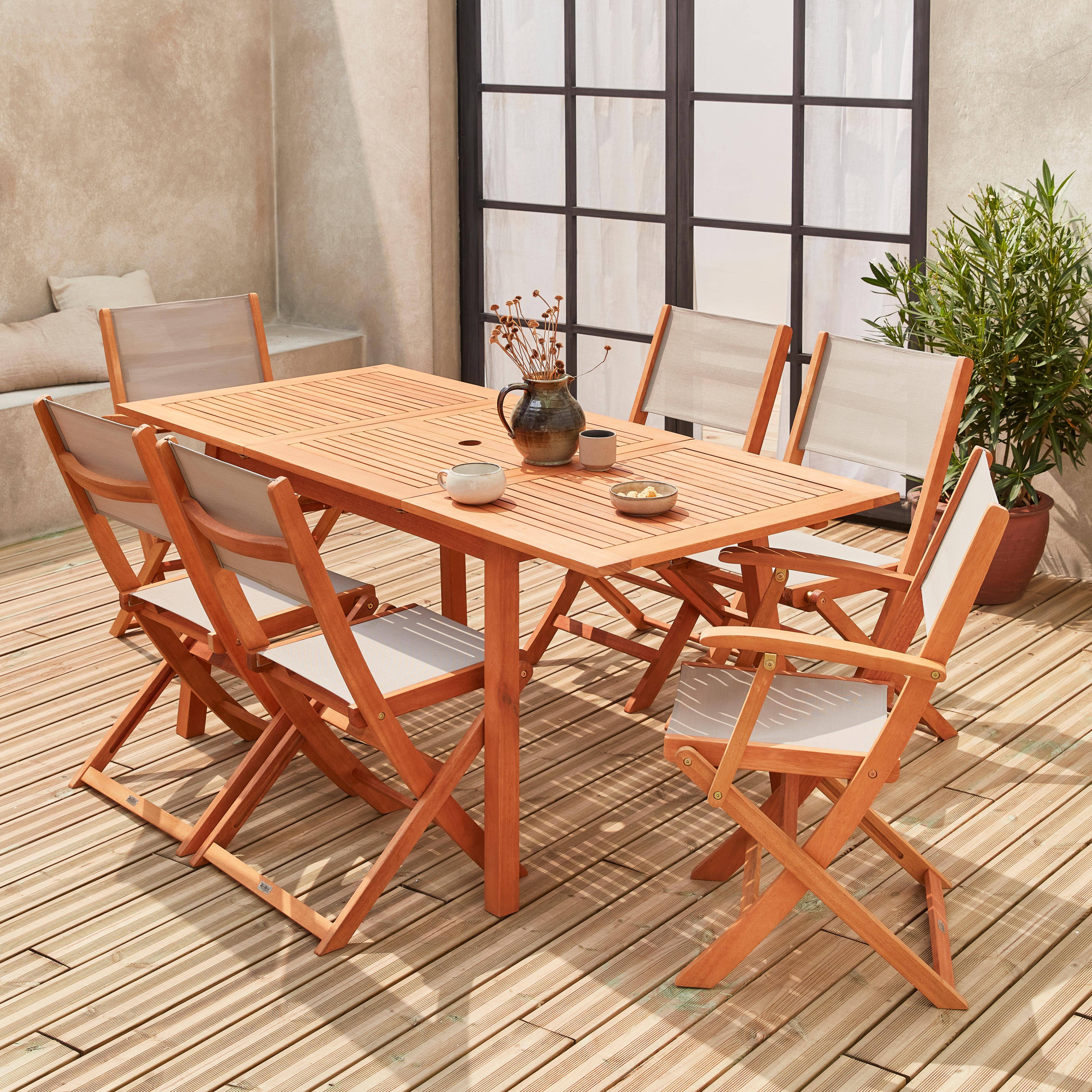 Almeria 6 - Mesa de jardín de madera extensible, 6 sillas