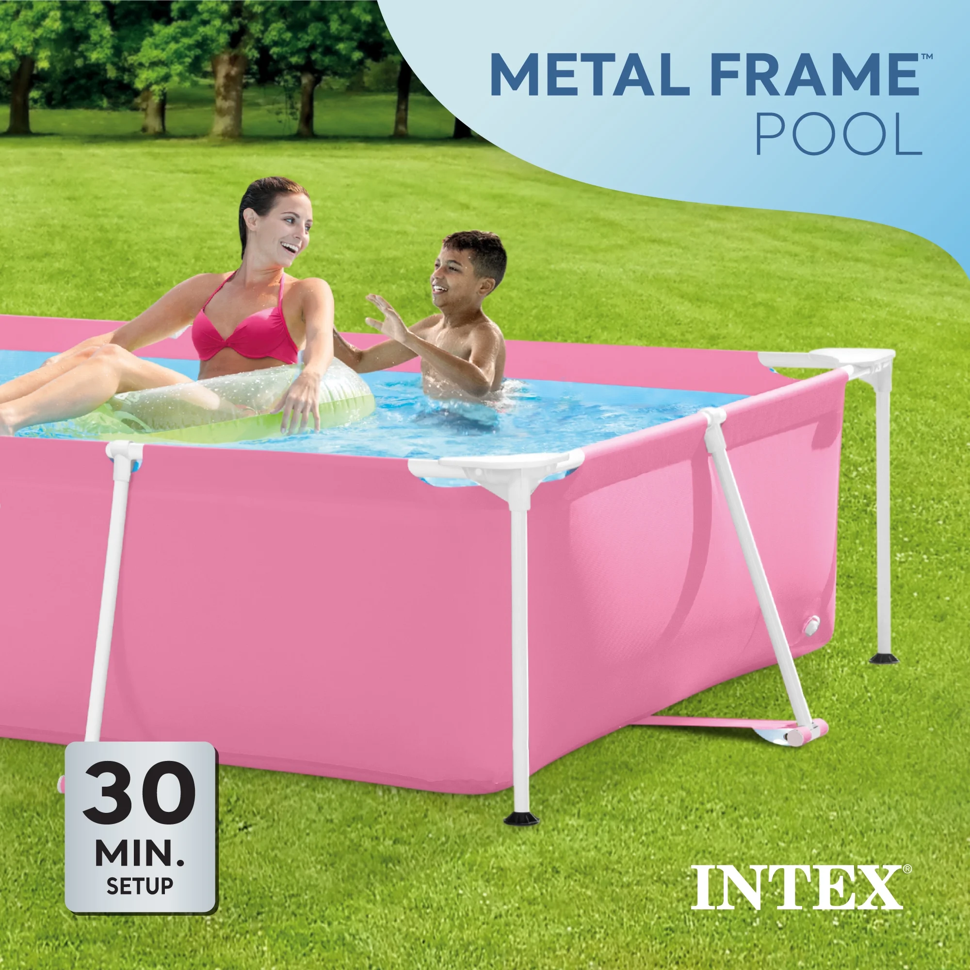 Open Box INTEX Rectangular Metal Frame 7ft x 23in Above Ground Swimming Pool, Pink - Image 3