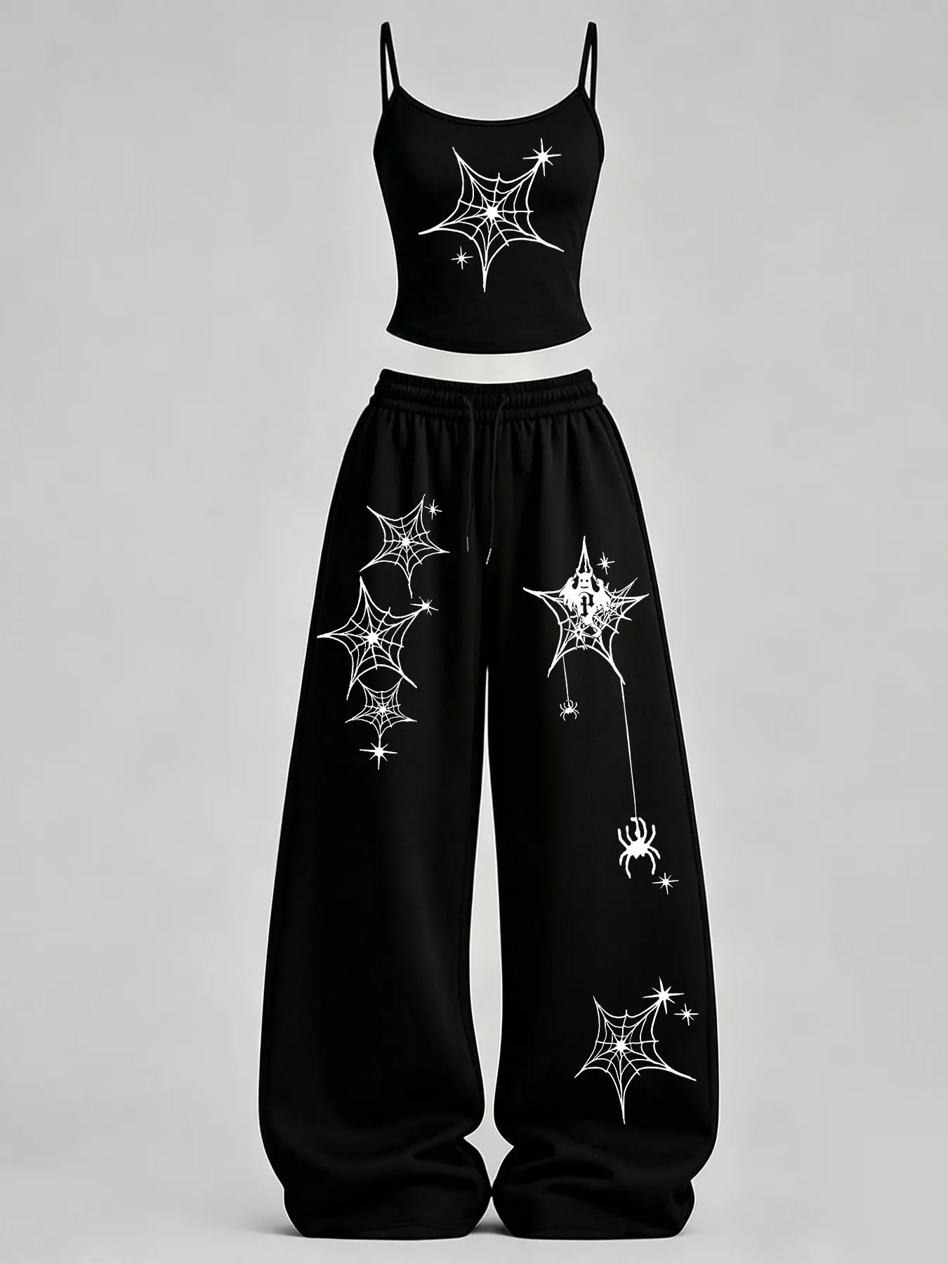 Women's Casual Spider Web Print Slim Fit Tank Top + Loose Baggy Pants Set TeeThreads Sustain the Scene with Custom Apparel