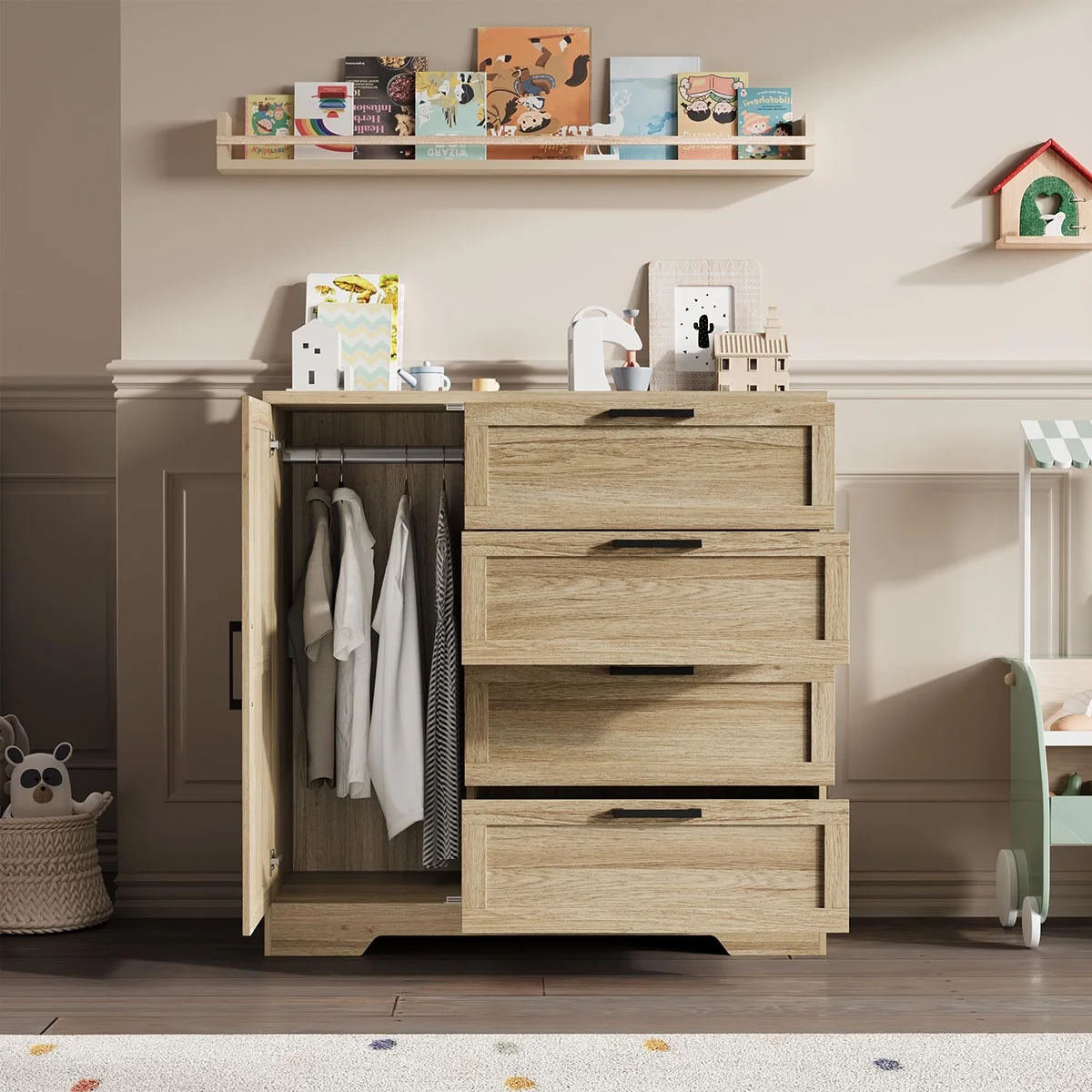 Ataucjin Wood Armoire Wardrobe Closet with 4 Drawers and Door, 43.3" H Bedroom Wardrobe Cabinet with Hanging Rod, Clothing Storage Cabinets, 4 Drawers Dresser with Storage Closet - Image 9