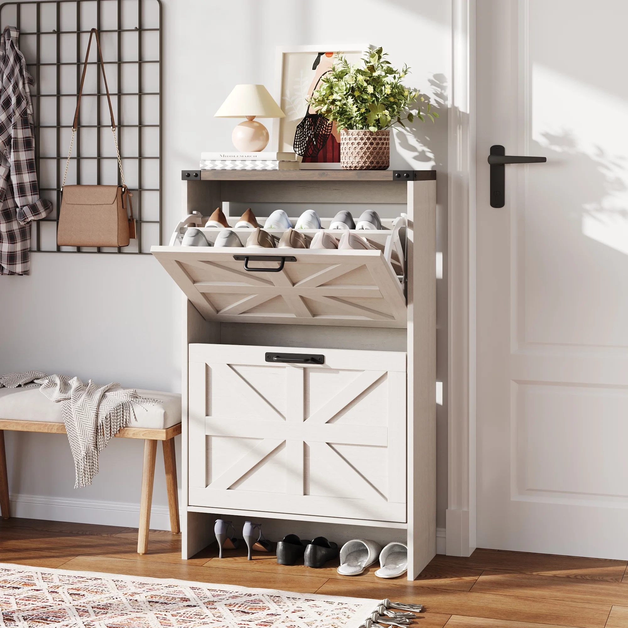 VEANERWOOD Shoes Storage Cabinet With Doors, Farmhouse Shoe Cabinet With 2 Flip Drawers For Entryway,Gray - Image 12