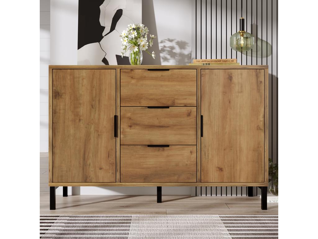Cómoda con 2 puertas y 3 cajones, 120 x 40 x 76 cm, Tablero de partículas + metal, Roble oscuro