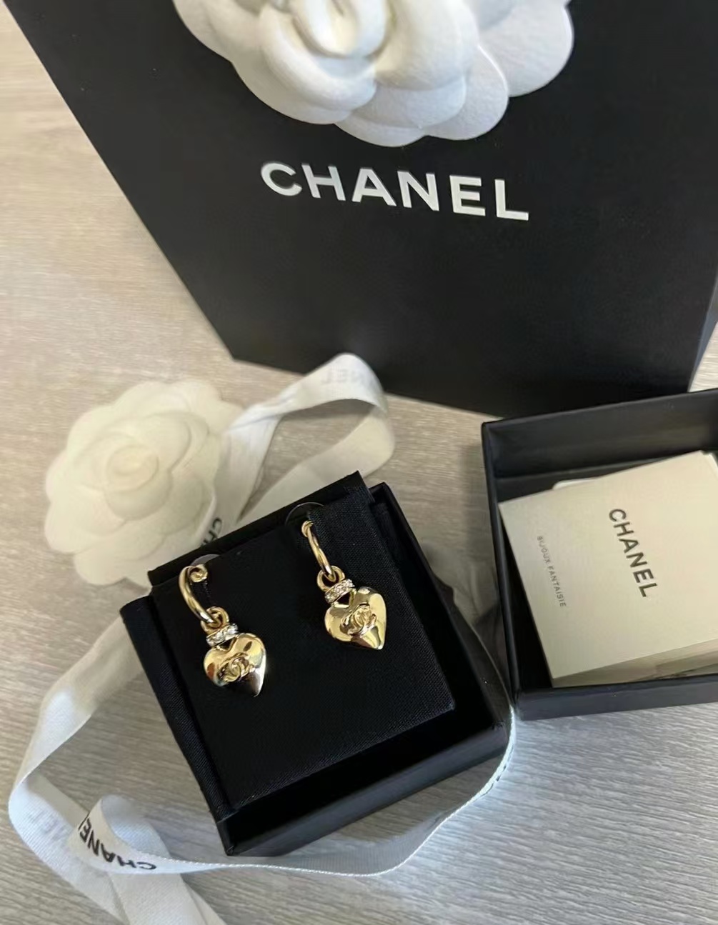 Chanel Gold Hoop with Heart Dangle Earrings - Original Replica Club