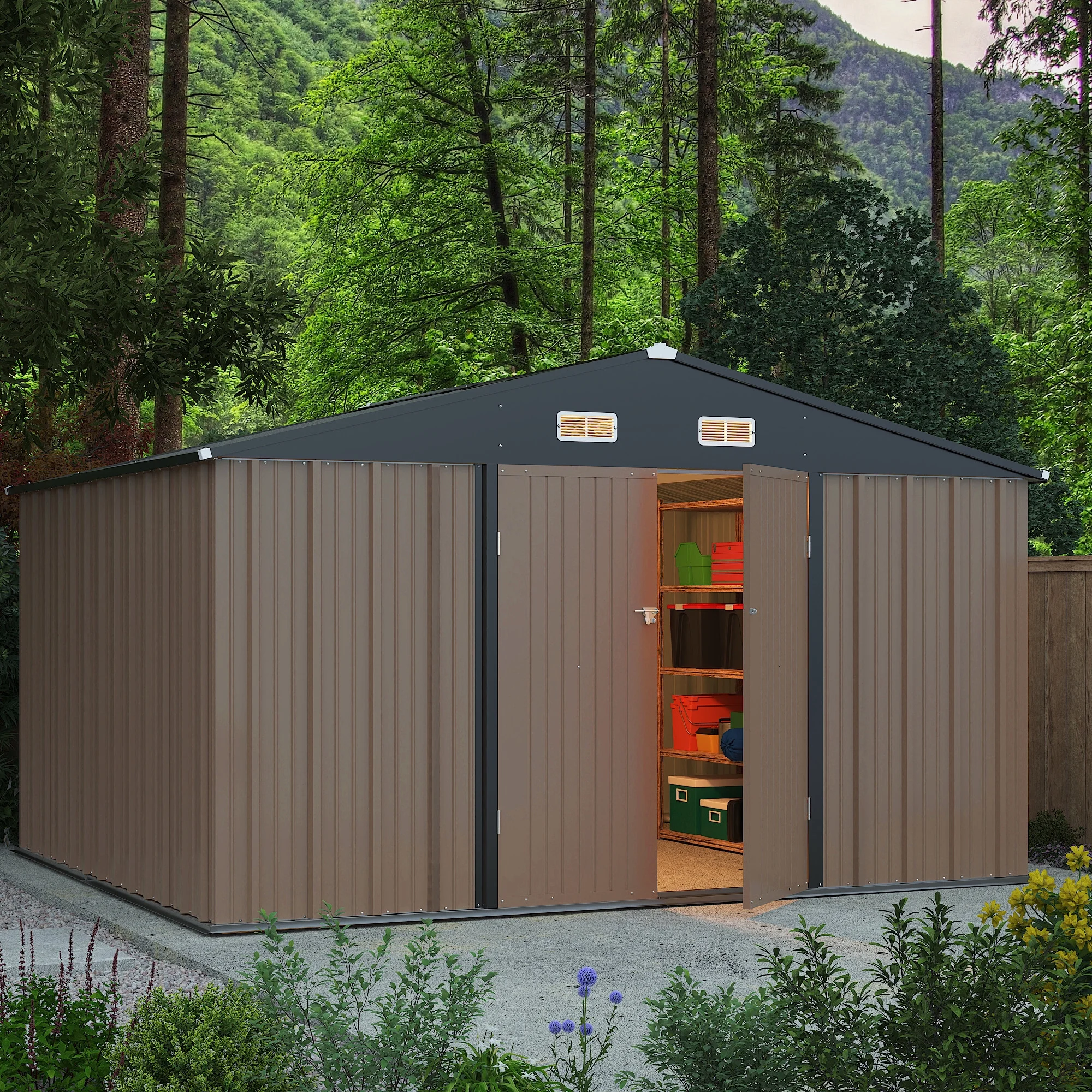 Devoko 10x8 Ft Metal Storage Shed, Lockable Steel Garden Shed for Patio Backyard Outdoor Tools, Brown - Image 2