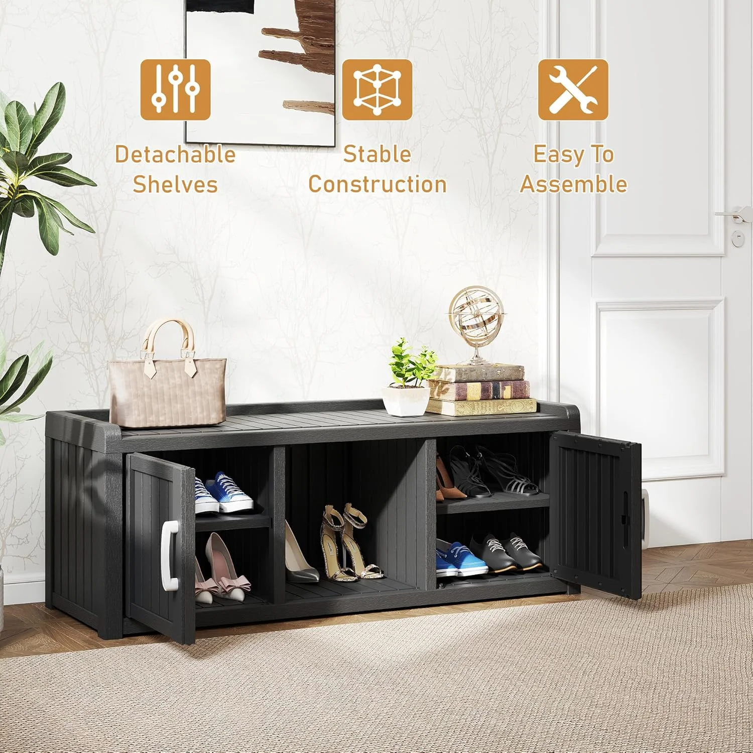 KAMABOKO Outdoor Shoe Storage Cabinet, Waterproof UV-Resistant Entryway Storage Bench Indoor Outdoor with 2 Barn Doors, Adjustable Shelves for Entryway, Bedroom, Hallway,Living Room(Black) - Image 18
