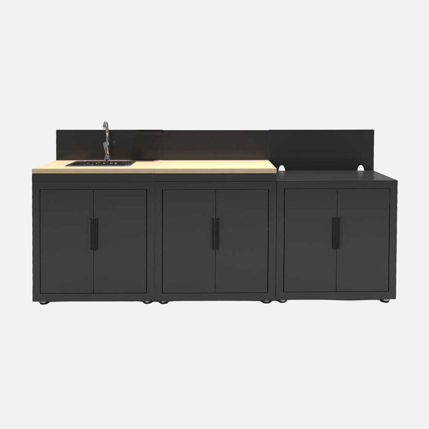 Milos - Cocina de exterior 3 módulos acero y decoración de madera