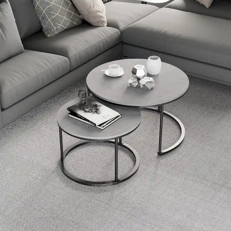 Round Sintered Stone Top Nesting Coffee Table with Black Metal Frame - 31.5 x 17.7 Inches