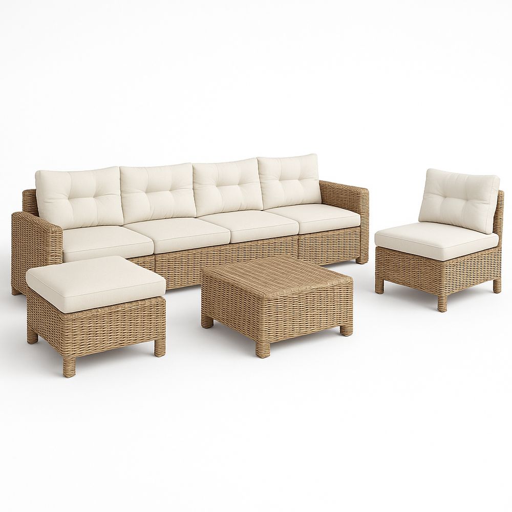 Conjunto de Sofá de Ratán para Exteriores, Muebles de Jardín de Estilo Moderno, Sofá Modular con Cojines, Mesa de Café Incluida, Ritmo Natural